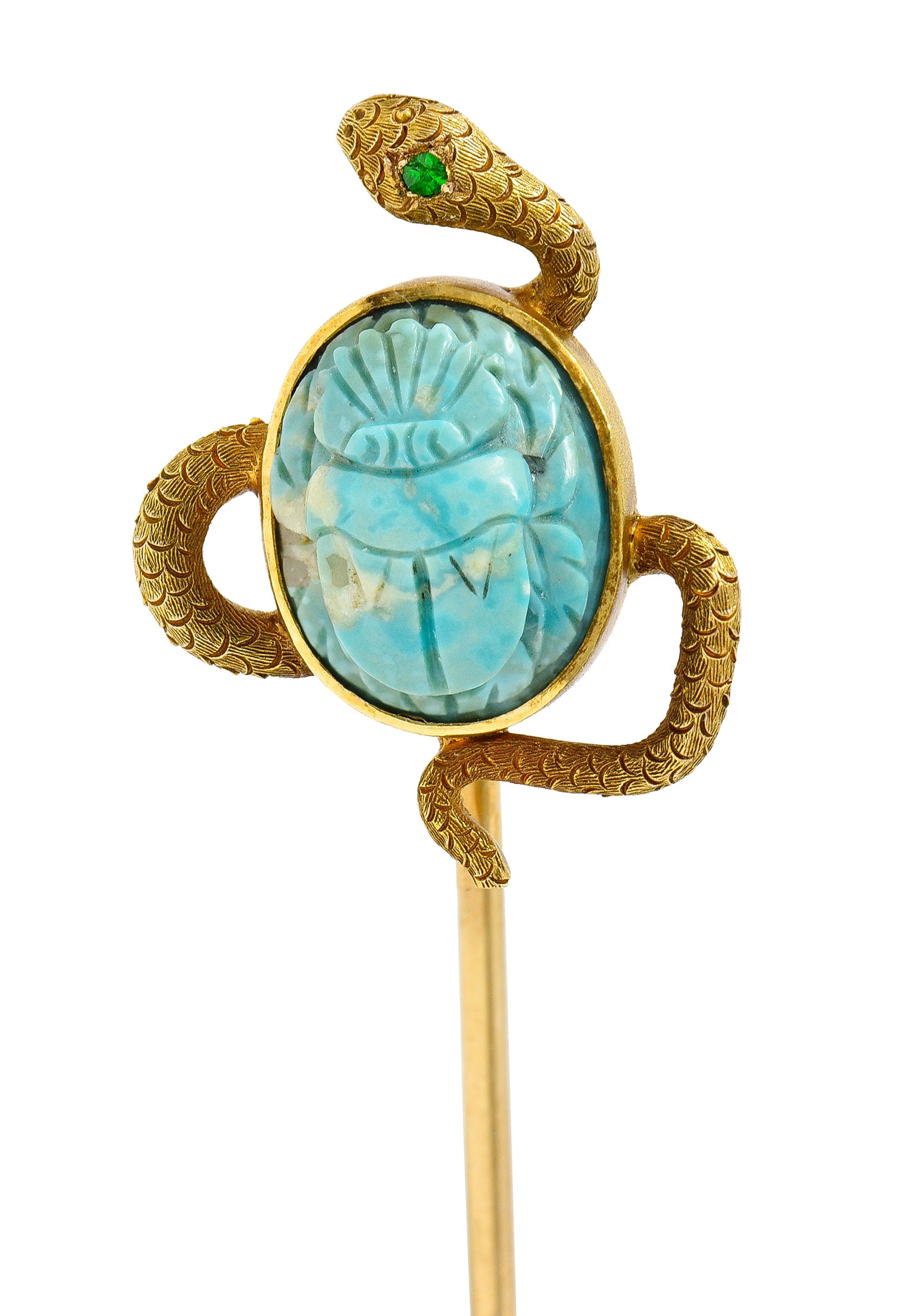 Victorian Turquoise Emerald 14 Karat Yellow Gold Scarab Snake Antique Unisex Stickpin Wilson's Estate Jewelry