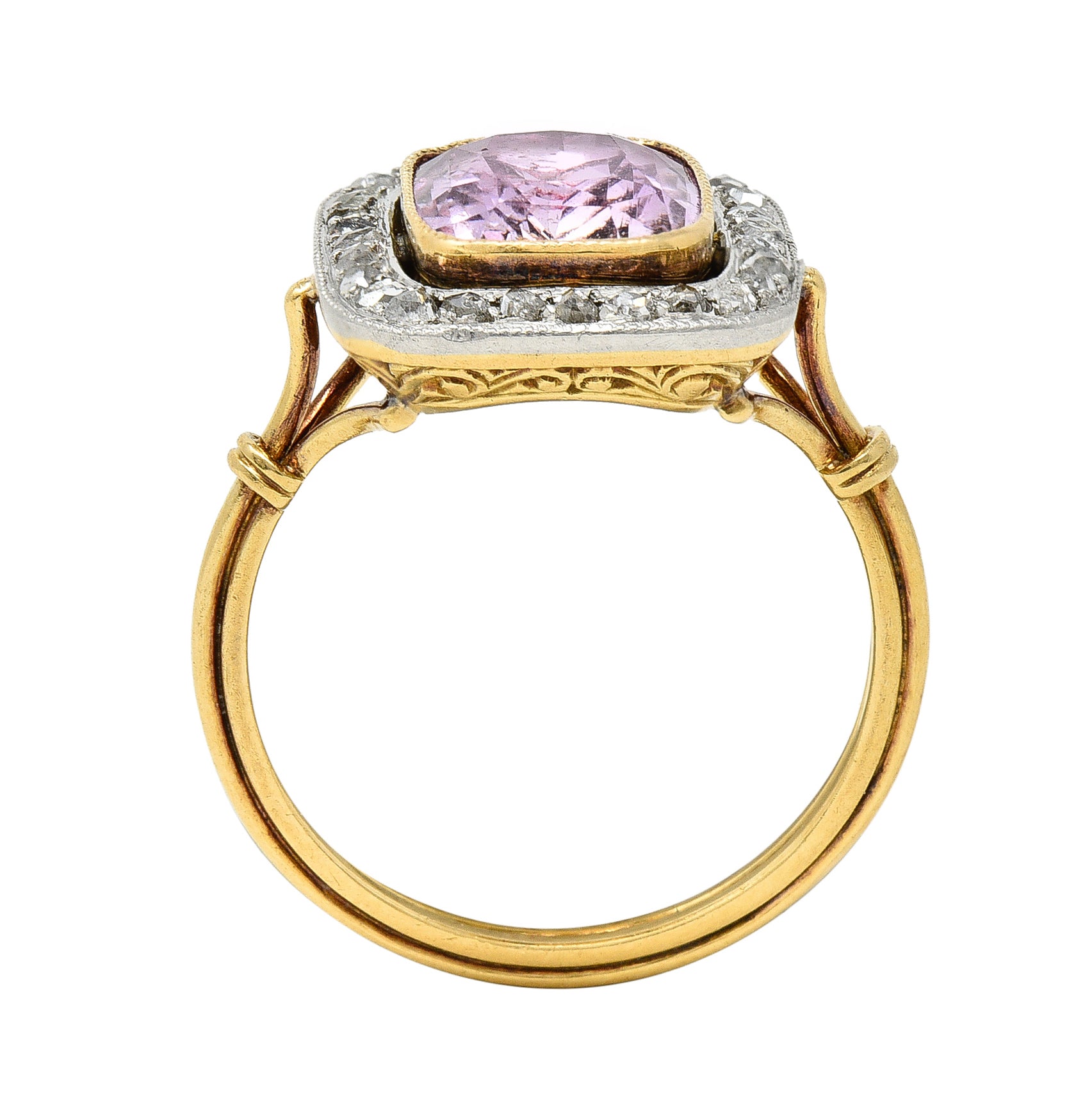 Victorian Pink Sapphire Diamond Platinum 18 Karat Gold Halo Antique Ring Wilson's Estate Jewelry