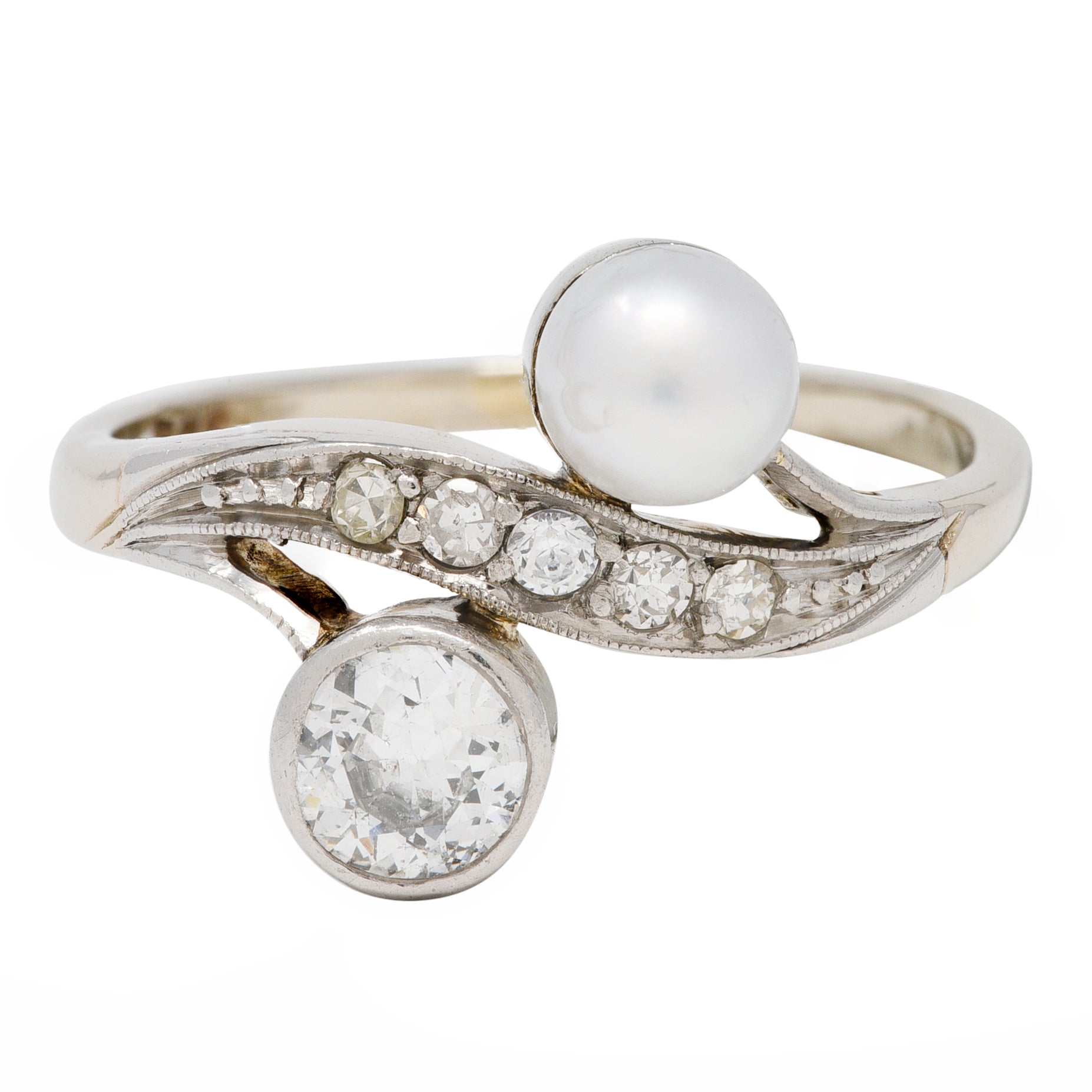 Retro Pearl Diamond 14 Karat White Gold Toi Et Moi Ring Wilson's Estate Jewelry