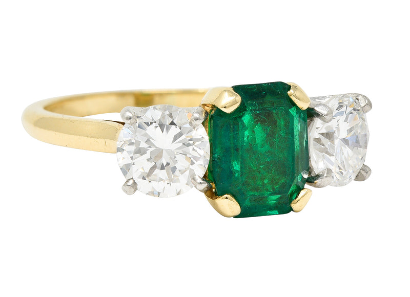 1980's 3.27 CTW Colombian Emerald Diamond Platinum 14 Karat Yellow Gold Vintage Three Stone Ring GIA Wilson's Estate Jewelry