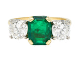 1980's 3.27 CTW Colombian Emerald Diamond Platinum 14 Karat Yellow Gold Vintage Three Stone Ring GIA Wilson's Estate Jewelry