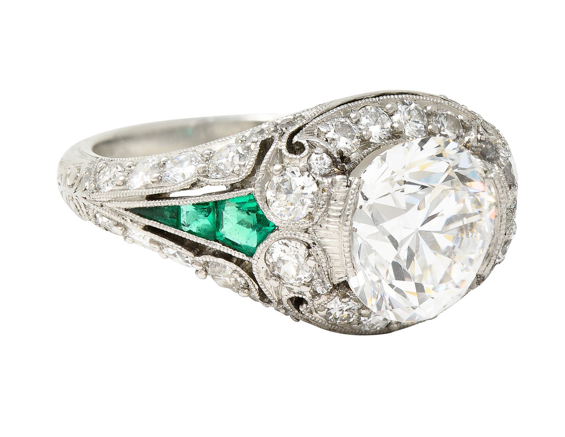 Art Deco 2.74 CTW Old European Cut Diamond Emerald Platinum Vintage Engagement Ring Wilson's Estate Jewelry