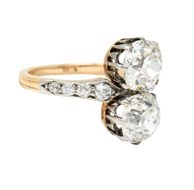 French Edwardian 2.74 CTW Old Mine Cut Diamond Toi-Et-Moi Silver-Topped 14 Karat Yellow Gold Antique Ring Wilson's Estate Jewelry