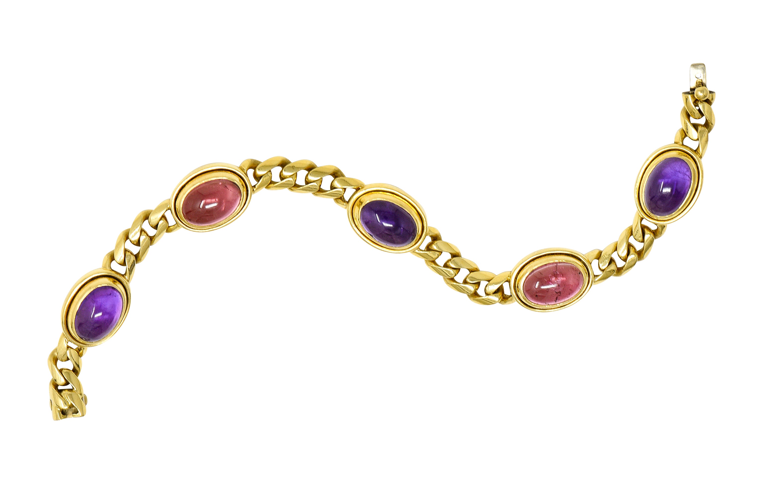 Bulgari 1980's Amethyst Tourmaline Cabochon 18 Karat Yellow Gold Curb Link Vintage Unisex Bracelet Wilson's Estate Jewelry