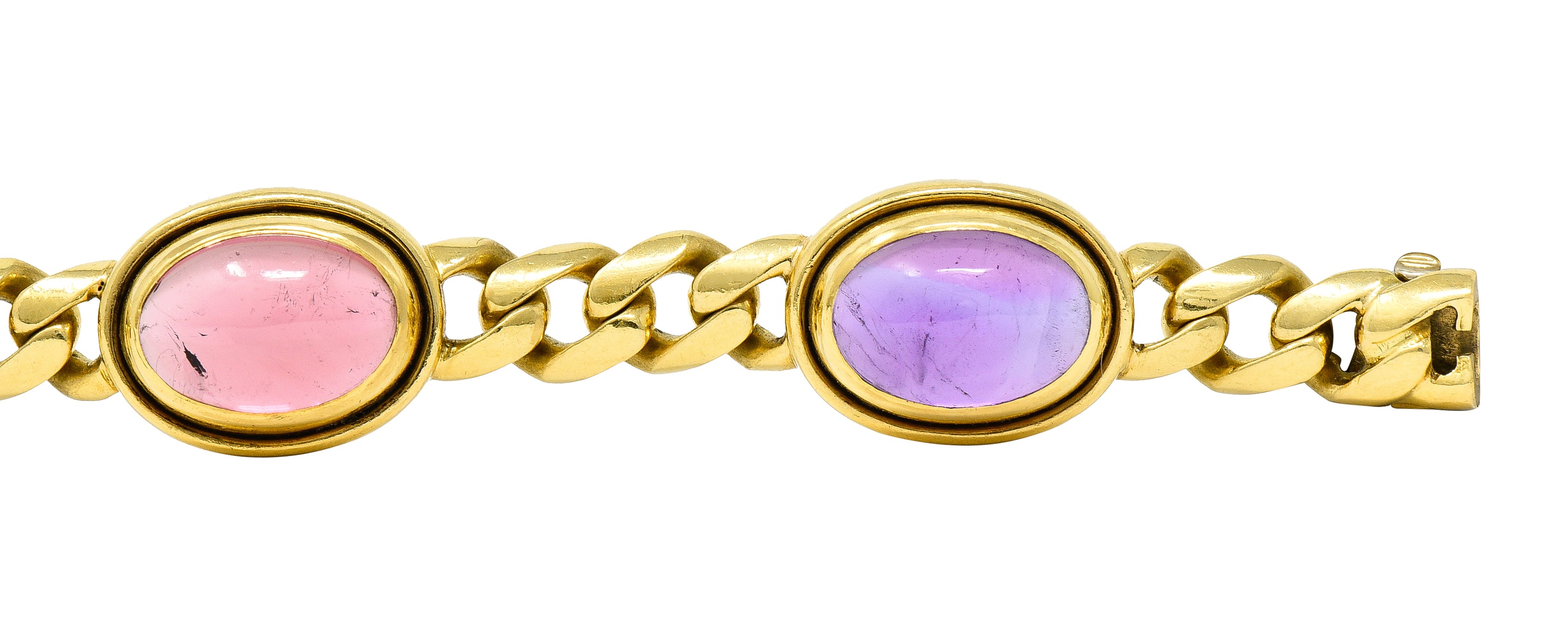 Bulgari 1980's Amethyst Tourmaline Cabochon 18 Karat Yellow Gold Curb Link Vintage Unisex Bracelet Wilson's Estate Jewelry