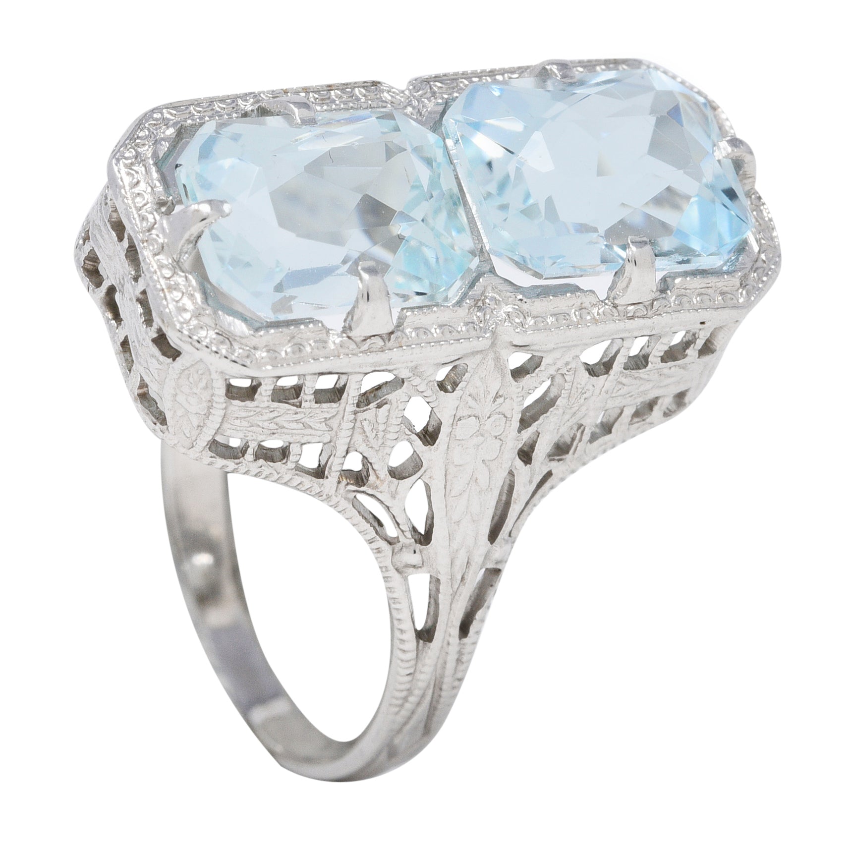 Art Deco Aquamarine 14 Karat White Gold Two-Stone Orange Blossom Vintage Ring Wilson's Estate Jewelry