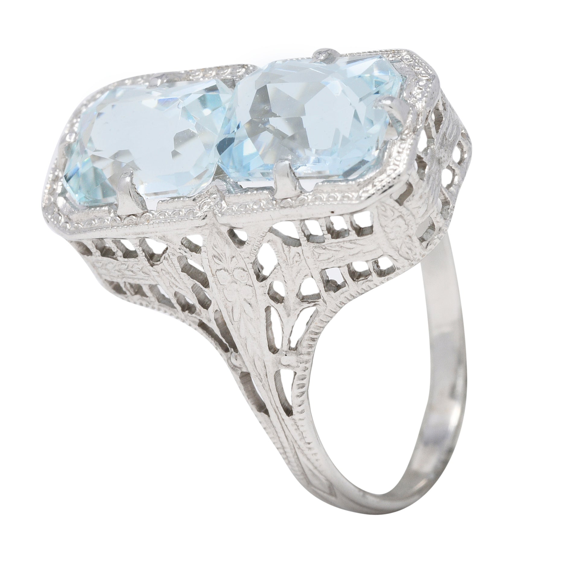 Art Deco Aquamarine 14 Karat White Gold Two-Stone Orange Blossom Vintage Ring Wilson's Estate Jewelry