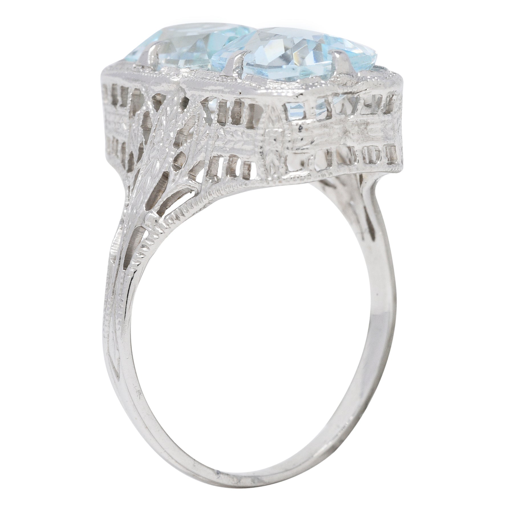 Art Deco Aquamarine 14 Karat White Gold Two-Stone Orange Blossom Vintage Ring Wilson's Estate Jewelry