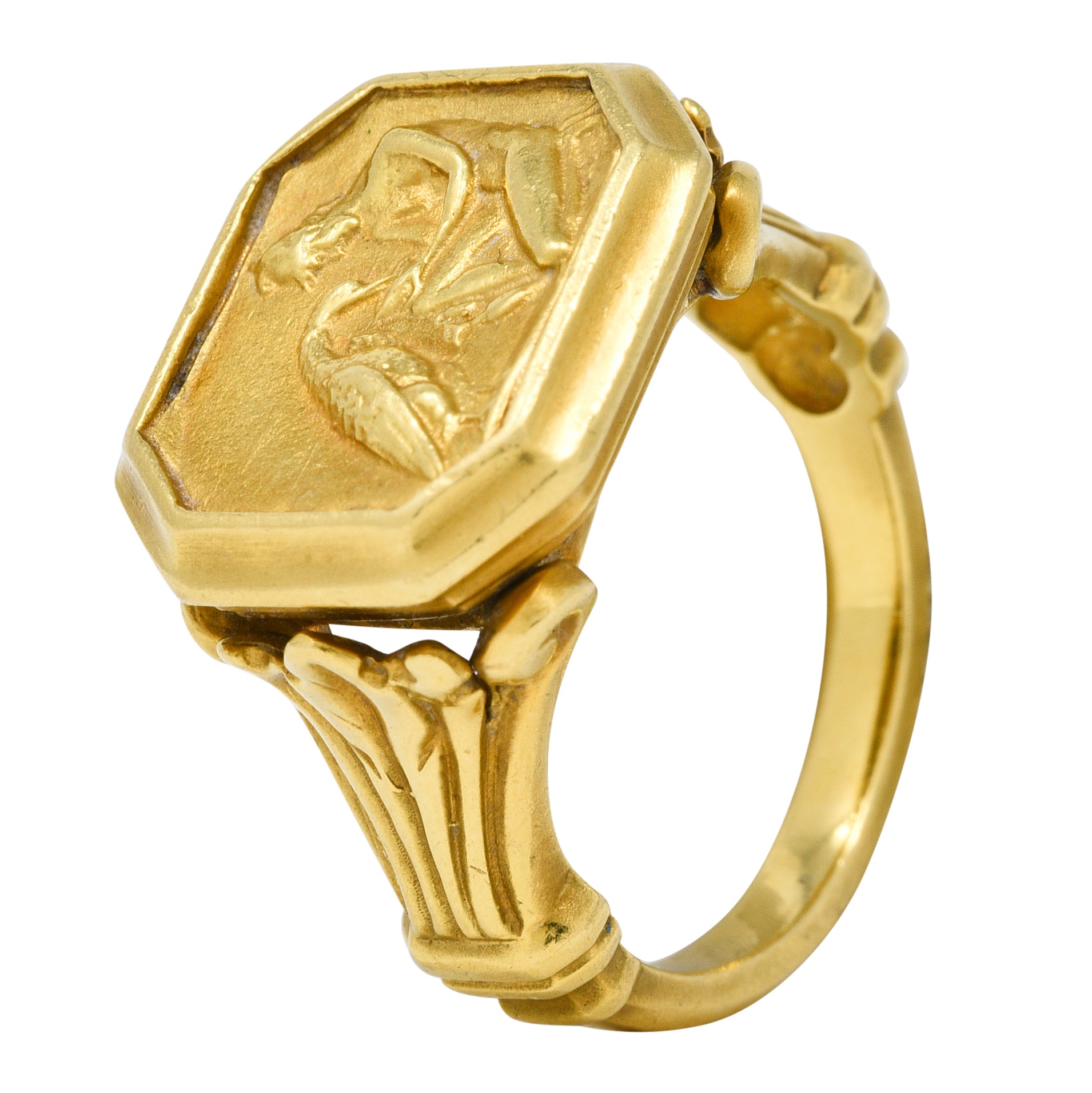 SeidenGang 1980s 18 Karat Yellow Gold Greek Hermes Unisex Vintage Signet Ring Wilson's Estate Jewelry