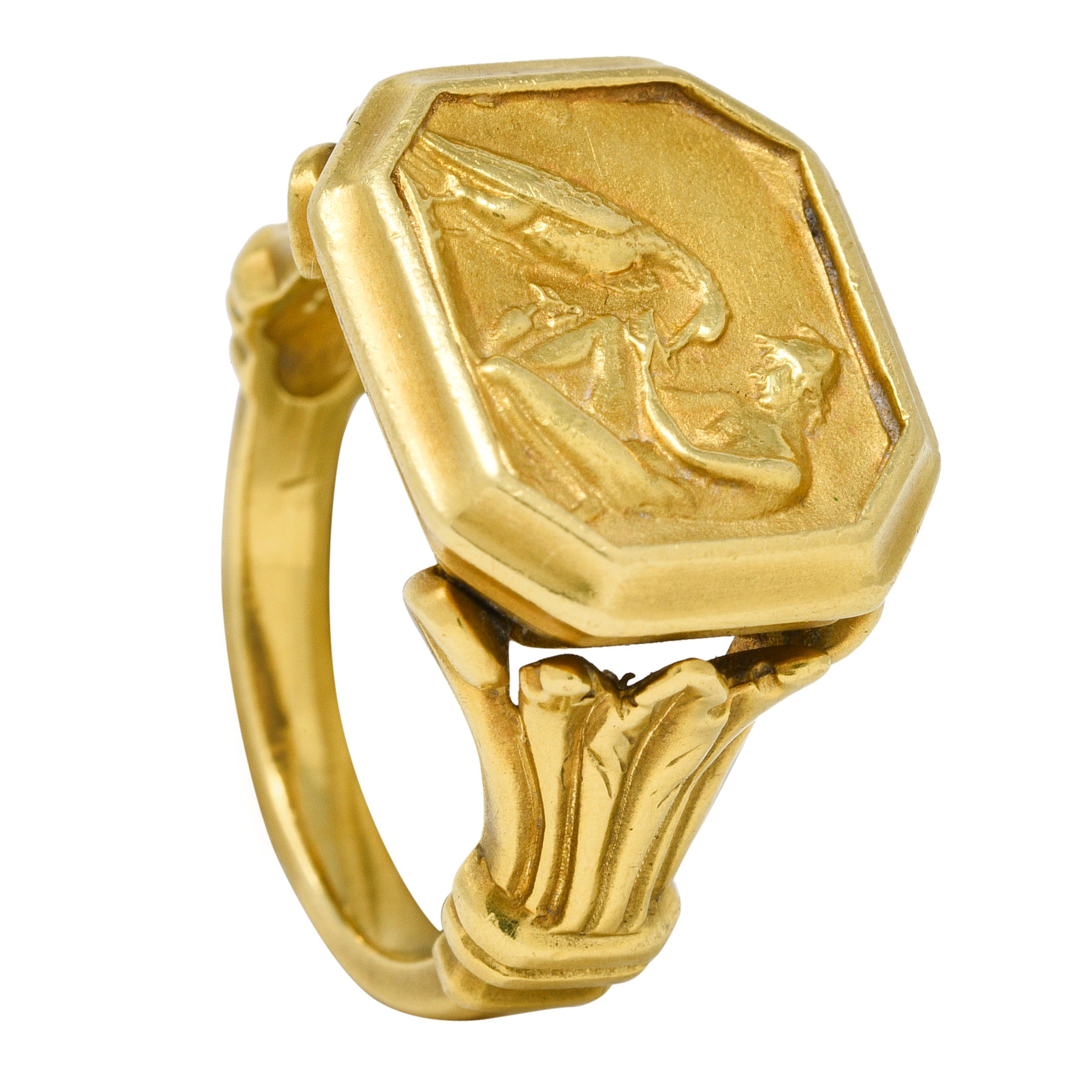 SeidenGang 1980s 18 Karat Yellow Gold Greek Hermes Unisex Vintage Signet Ring Wilson's Estate Jewelry