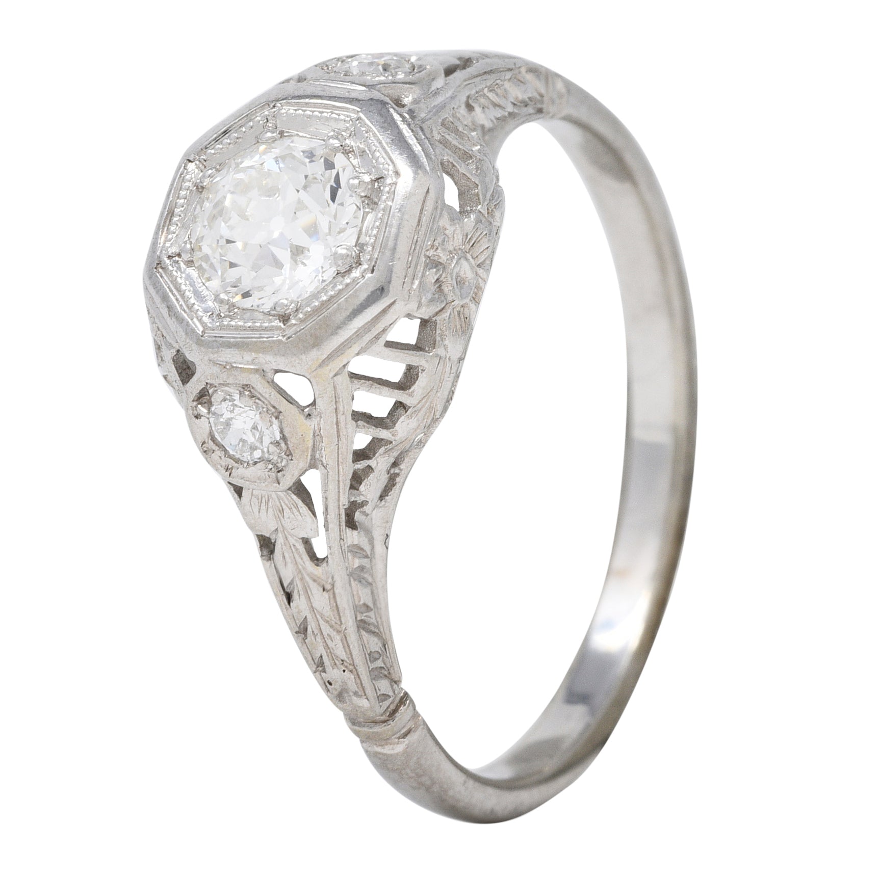 Art Deco 0.58 CTW Diamond 18 Karat White Gold Orange Blossom Engagement Ring Wilson's Estate Jewelry