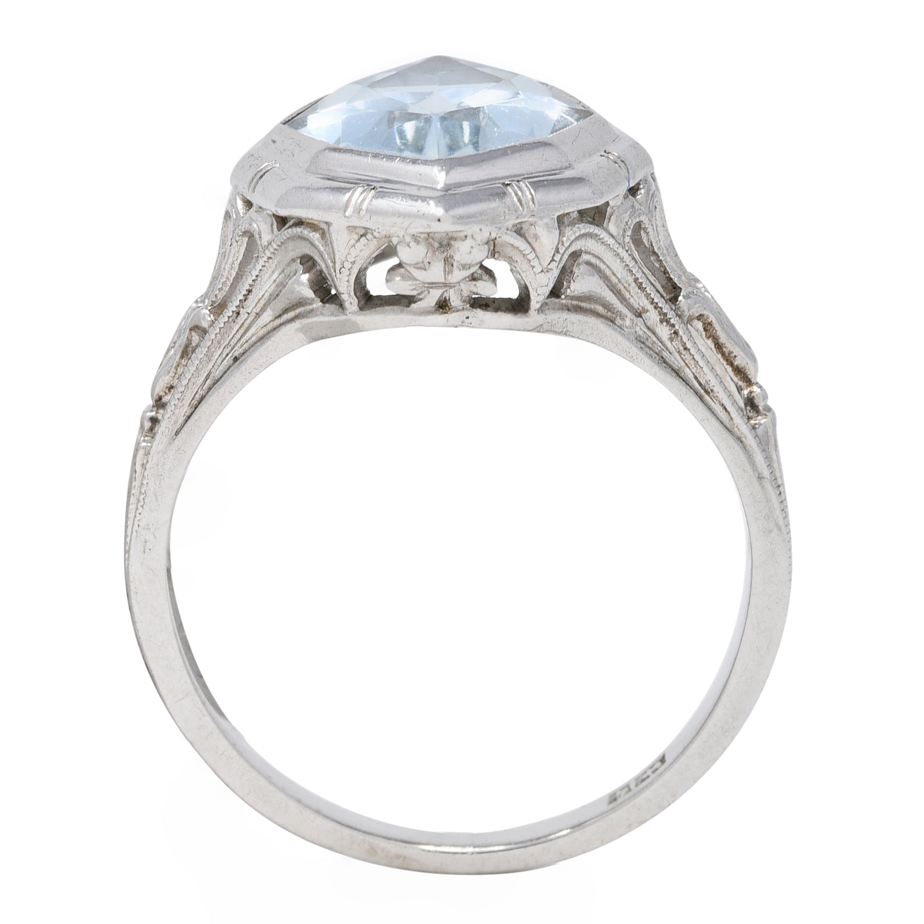 Jones & Woodland Co. Art Deco Hexagonal Cut Aquamarine 14 Karat White Gold Lily Gemstone Ring Wilson's Estate Jewelry