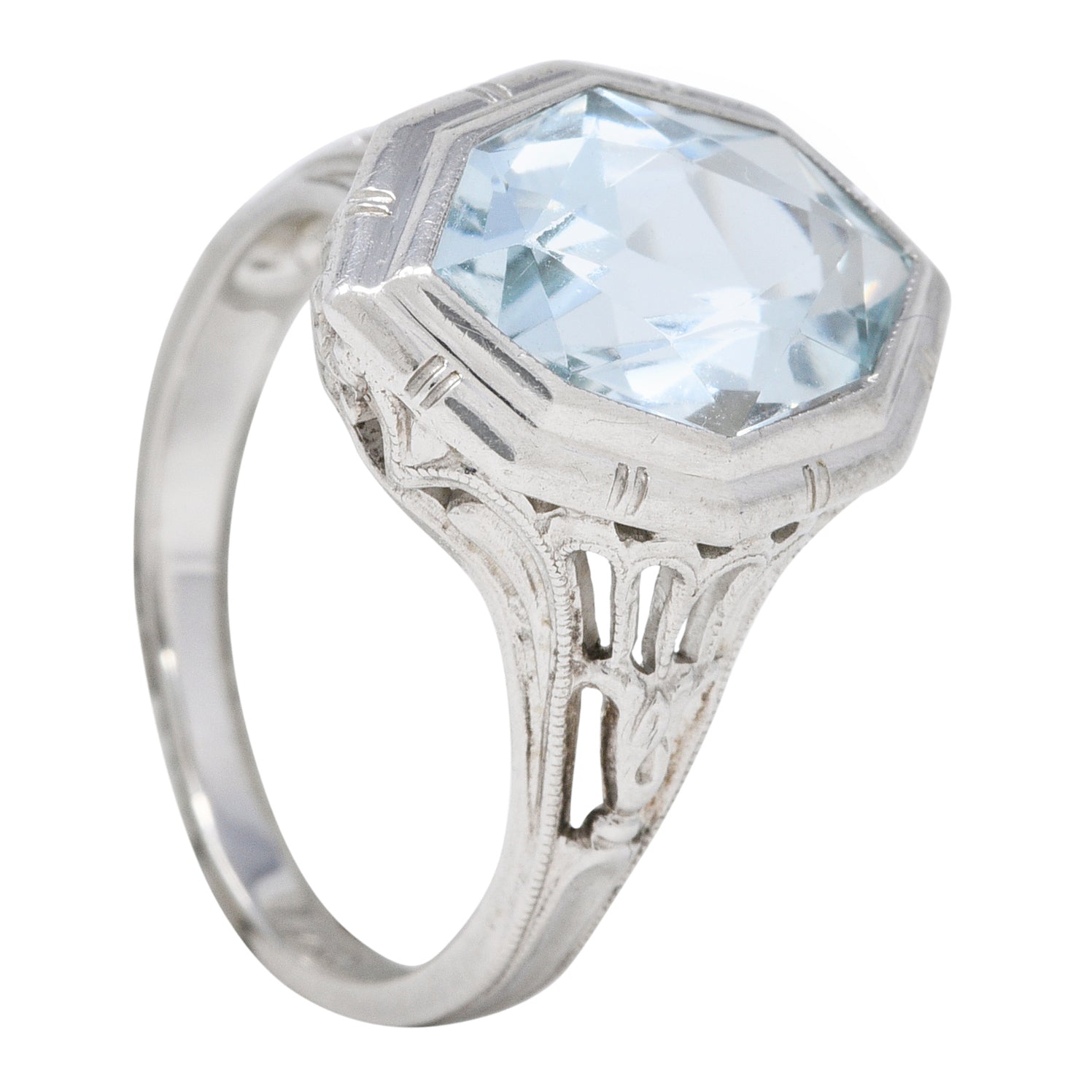 Jones & Woodland Co. Art Deco Hexagonal Cut Aquamarine 14 Karat White Gold Lily Gemstone Ring Wilson's Estate Jewelry