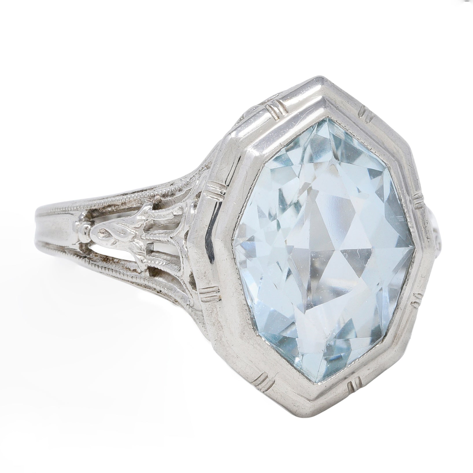 Jones & Woodland Co. Art Deco Hexagonal Cut Aquamarine 14 Karat White Gold Lily Gemstone Ring Wilson's Estate Jewelry