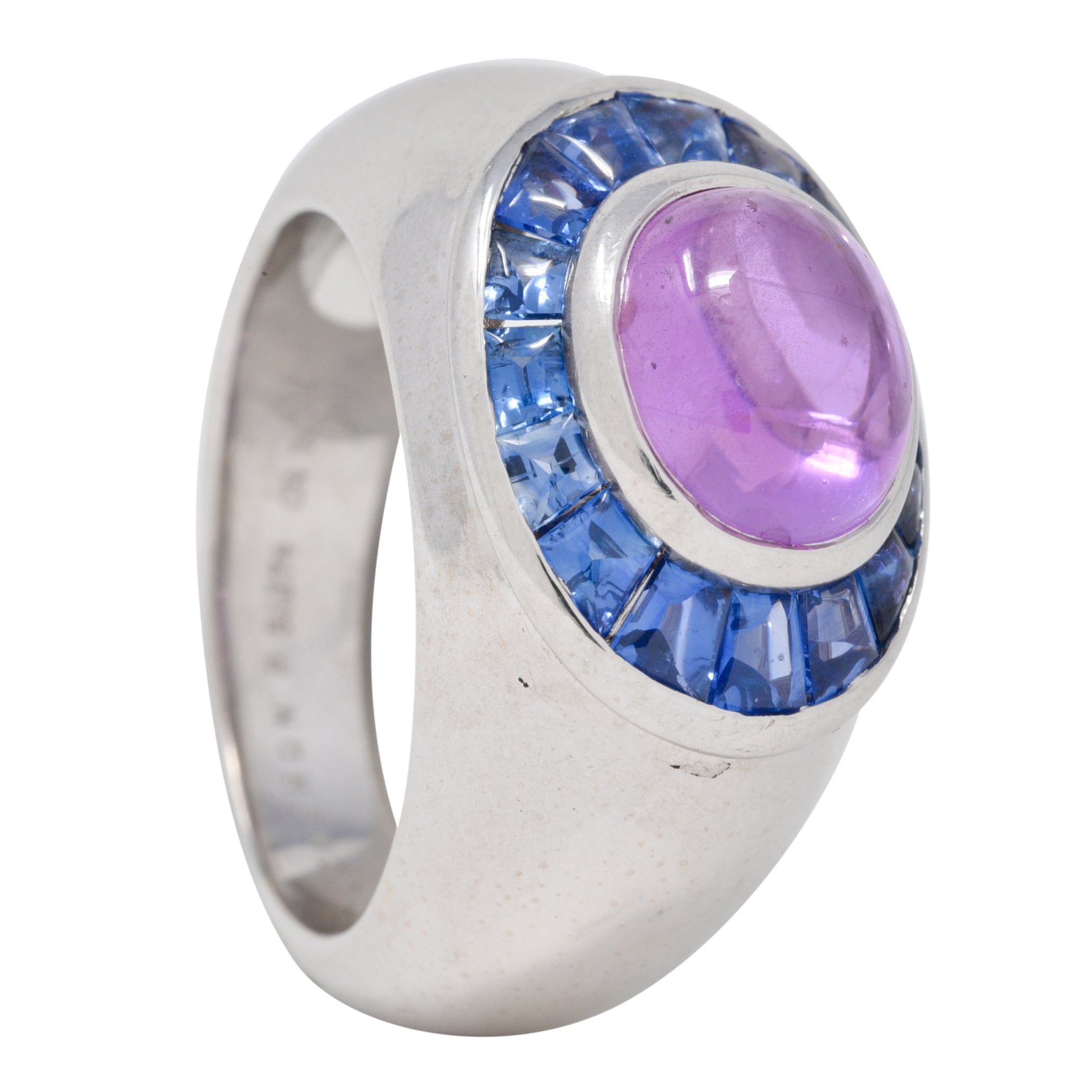 Boucheron French Modernist 5.08 CTW Purple Sapphire Cabochon 18 Karat White Gold Halo Vintage Ring Wilson's Estate Jewelry