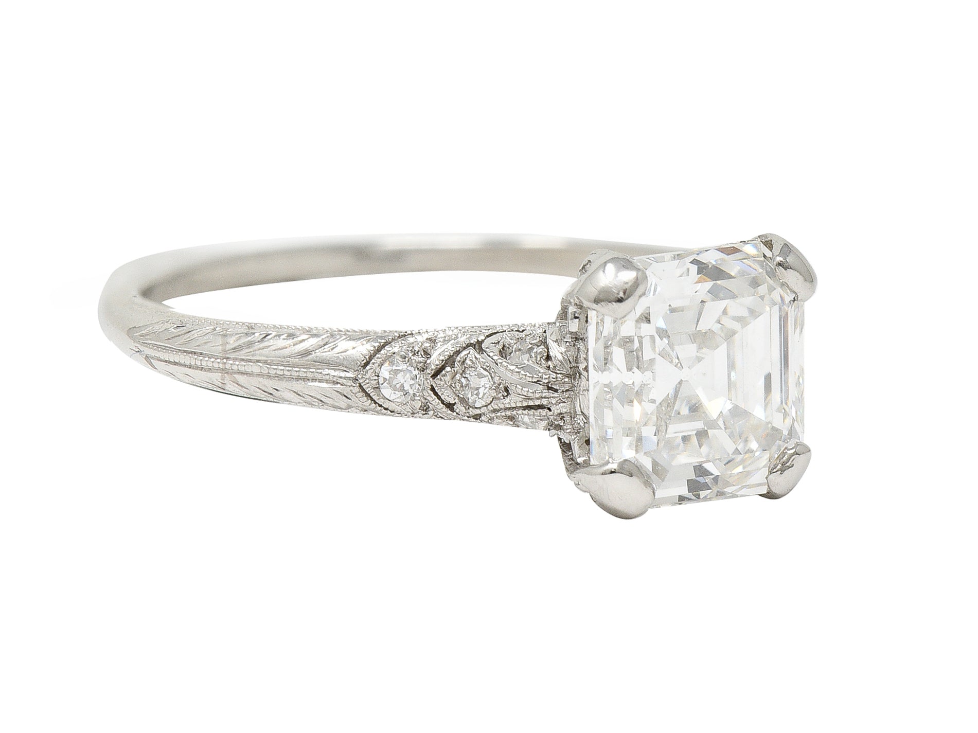 Tiffany & Co. Art Deco 1.88 CTW Asscher Cut Diamond Platinum Foliate Antique Engagement Ring GIA Wilson's Estate Jewelry