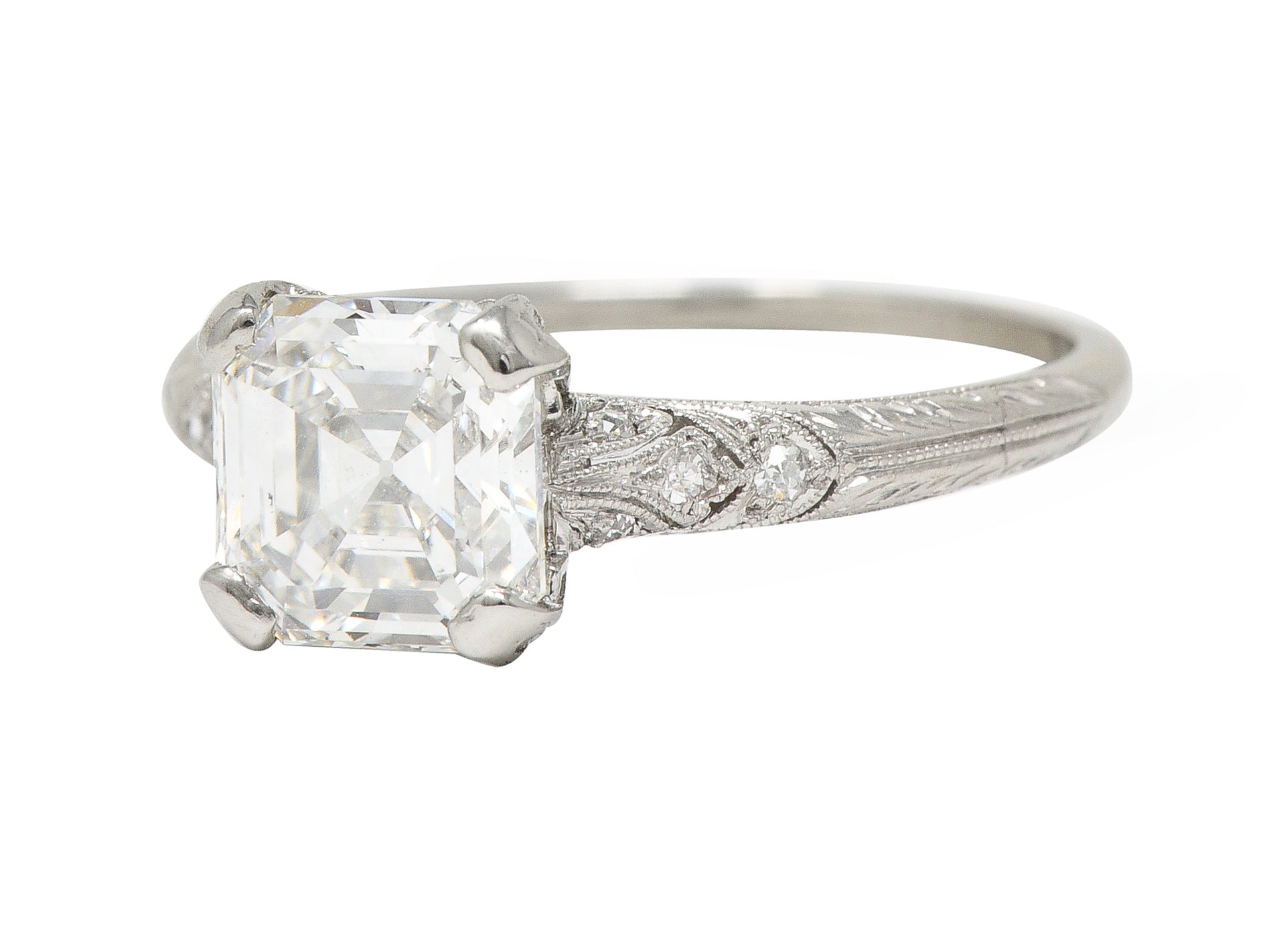 Tiffany & Co. Art Deco 1.88 CTW Asscher Cut Diamond Platinum Foliate Antique Engagement Ring GIA Wilson's Estate Jewelry