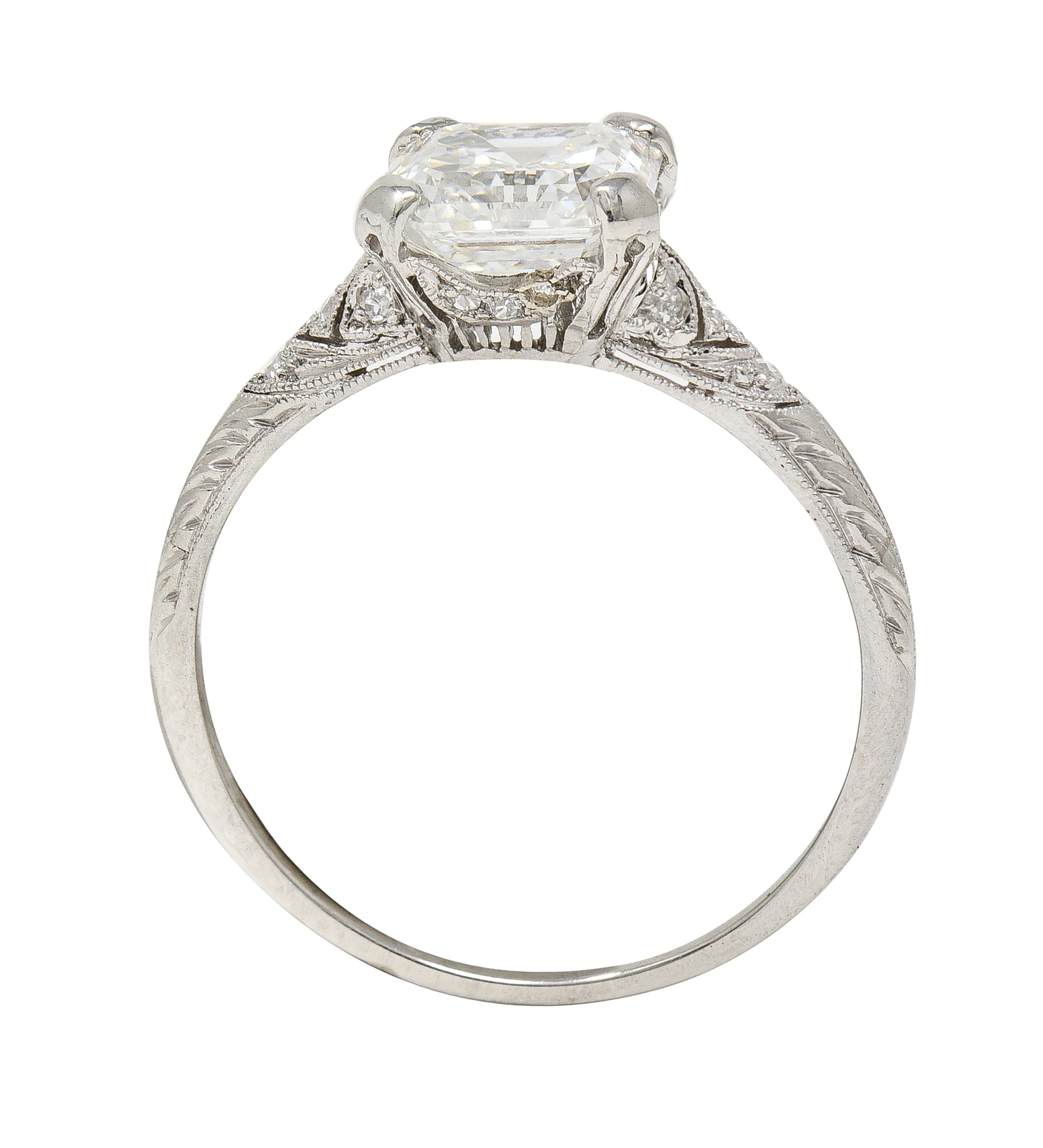 Tiffany & Co. Art Deco 1.88 CTW Asscher Cut Diamond Platinum Foliate Antique Engagement Ring GIA Wilson's Estate Jewelry