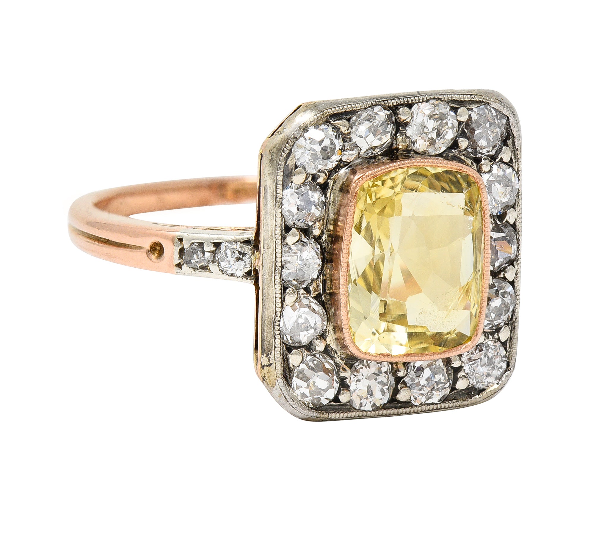 Edwardian 3.84 CTW Yellow Sapphire Diamond Platinum 18 Karat Rose Gold Antique Halo Ring GIA Wilson's Estate Jewelry