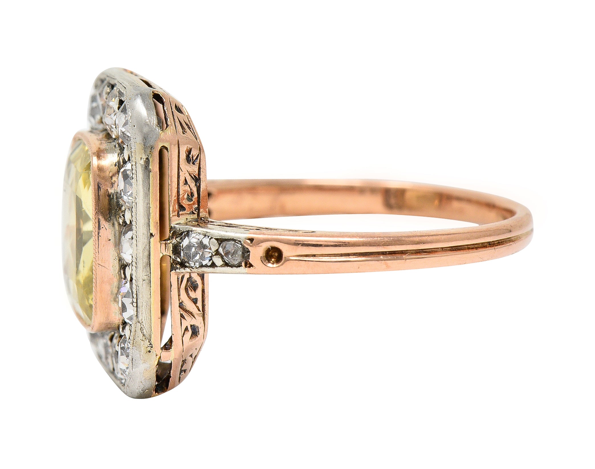 Edwardian 3.84 CTW Yellow Sapphire Diamond Platinum 18 Karat Rose Gold Antique Halo Ring GIA Wilson's Estate Jewelry