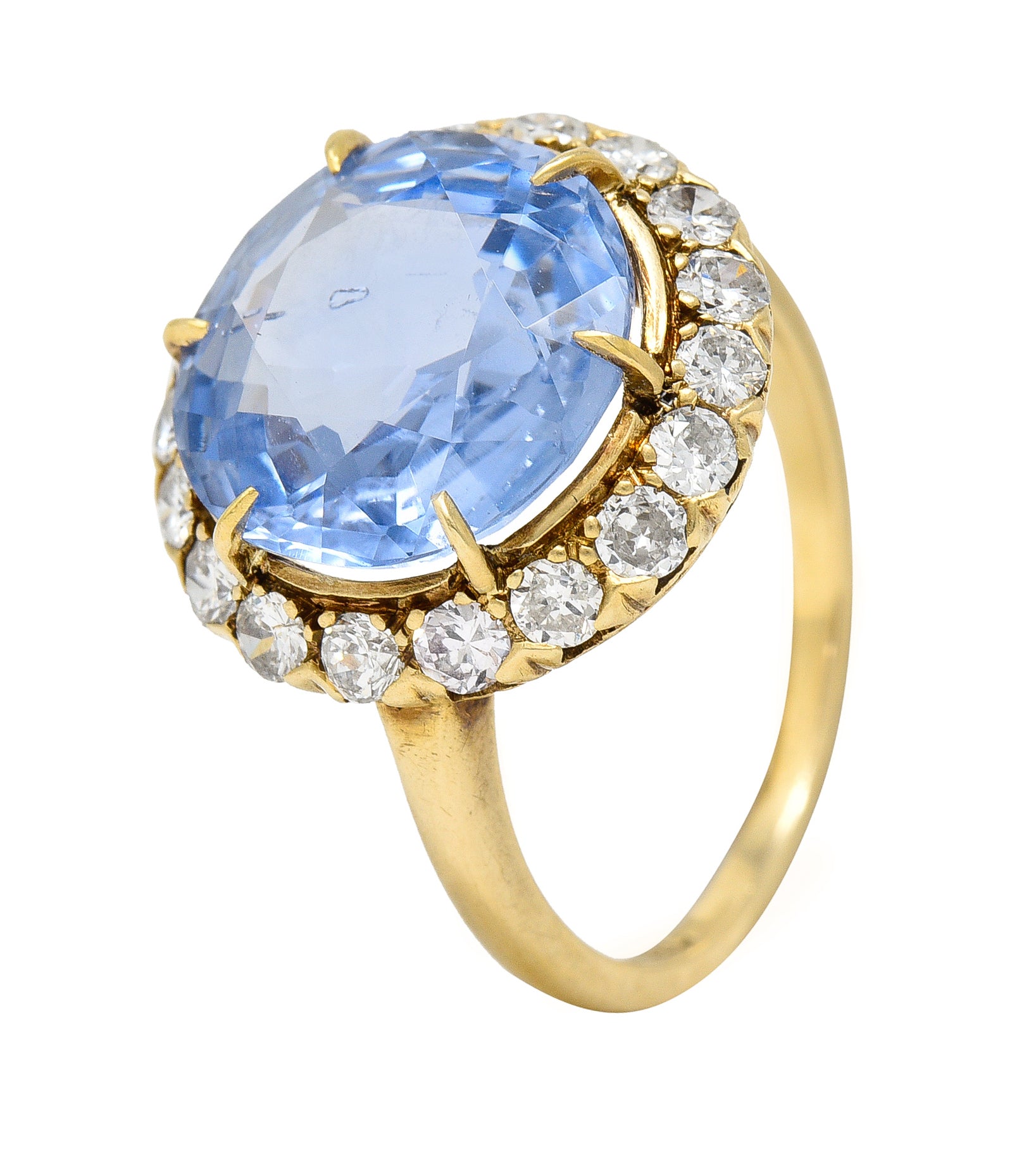 Jabel Mid-Century 6.99 CTW No Heat Ceylon Sapphire Diamond 14 Karat Yellow Gold Vintage Halo Ring GIA Wilson's Estate Jewelry