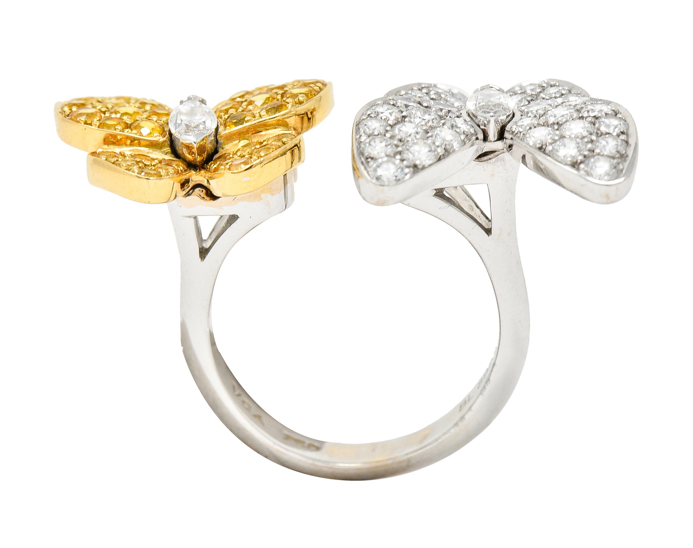 Van Cleef & Arpels Yellow Sapphire Diamond 18 Karat Gold Two Butterfly Between Finger Ring Wilson's Estate Jewelry