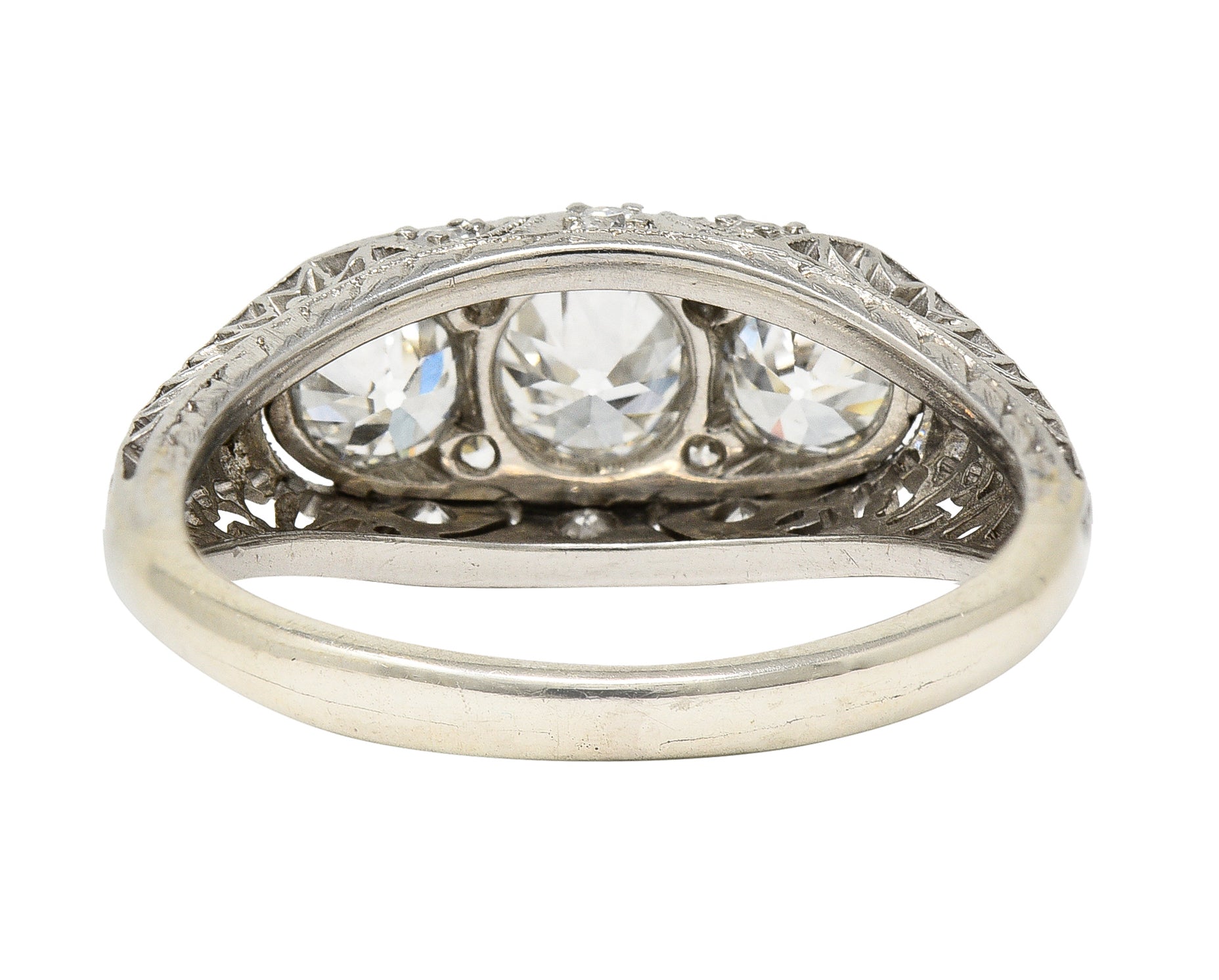 Art Deco 1.38 CTW Diamond Platinum Three Stone Foliate Vintage Ring