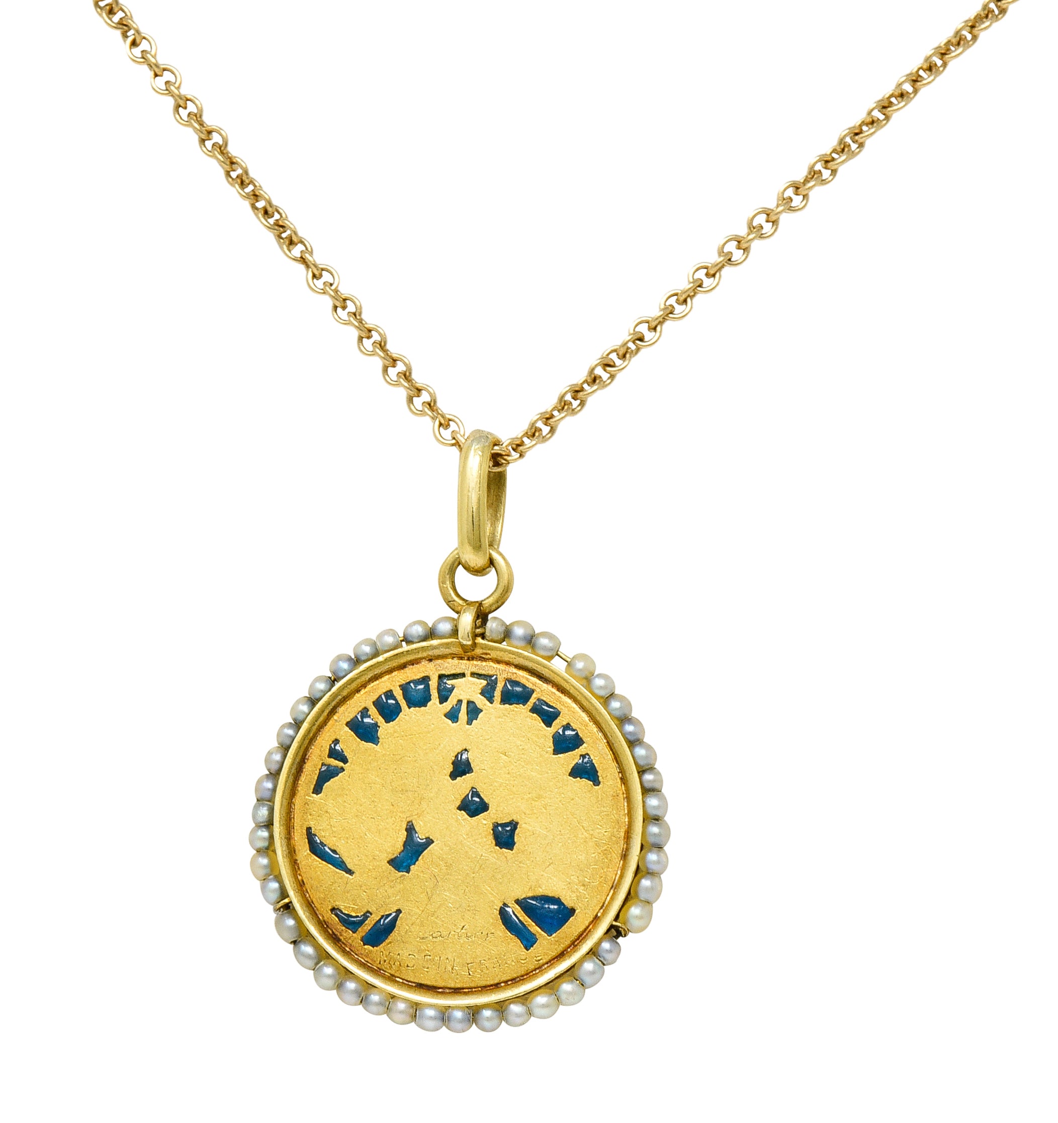 Cartier French Victorian Seed Pearl Plique-A-Jour Enamel 18 Karat Yellow Gold Christening Medallion Antique Pendant Necklace Wilson's Estate Jewelry