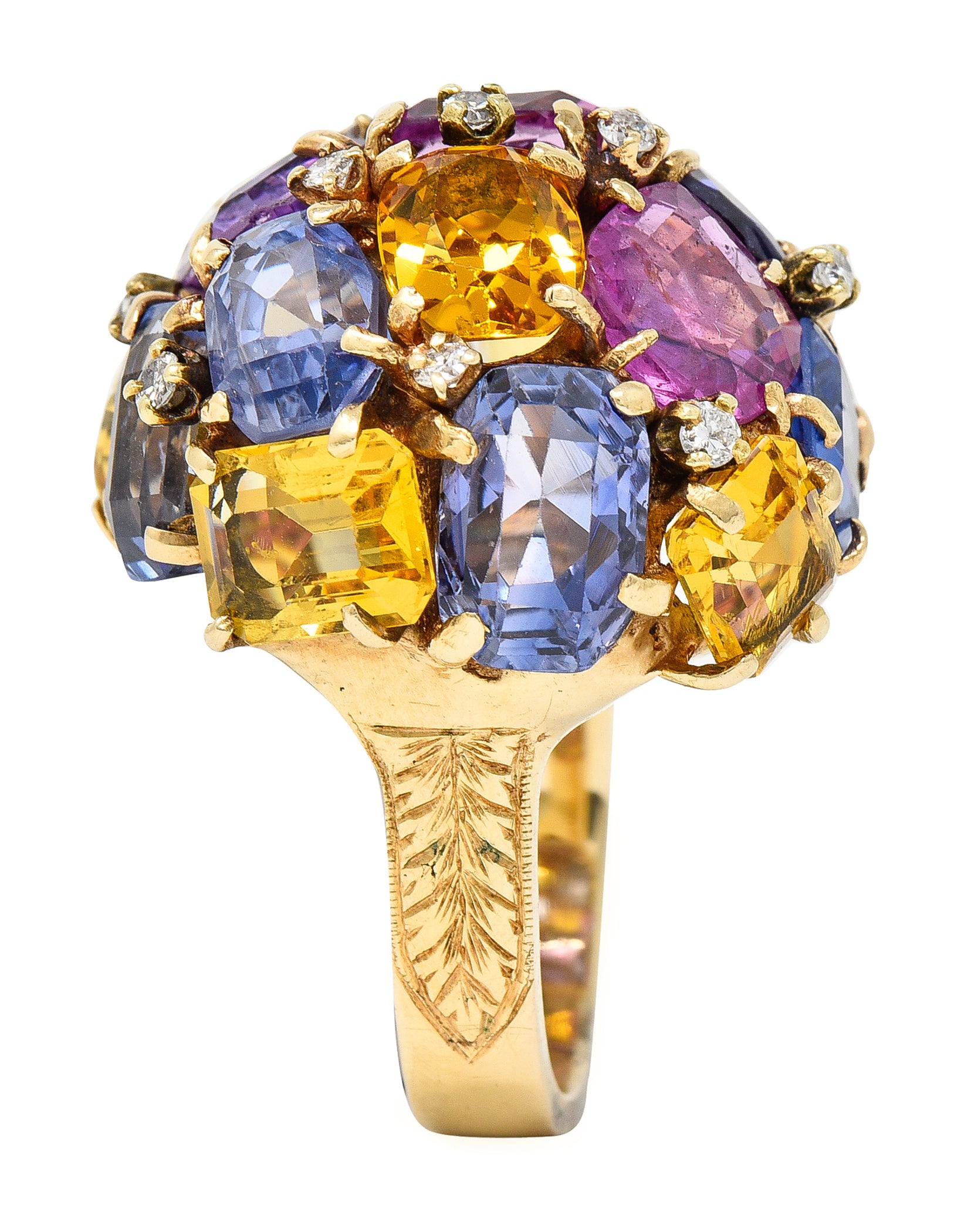 1960s 30.86 CTW Sapphire Heliodor Diamond 14 Karat Yellow Gold Dome Cluster Vintage Ring Wilson's Estate Jewelry