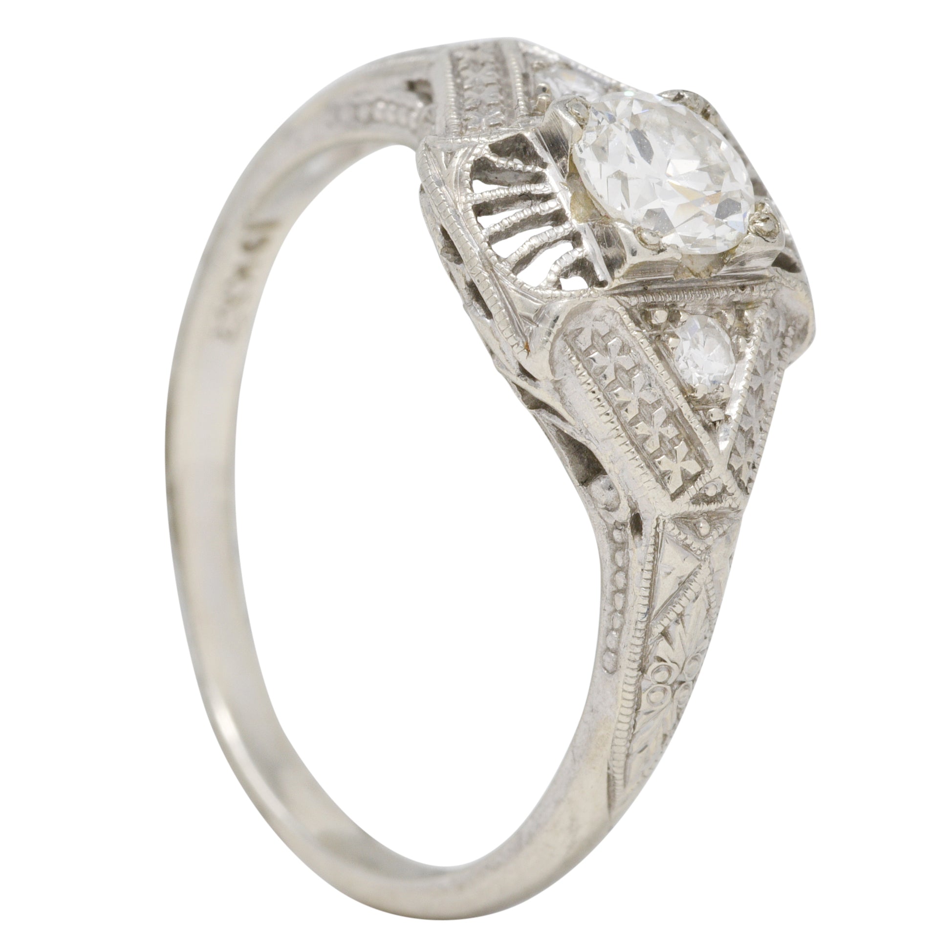 Art Deco Diamond 19 Karat White Gold Orange Blossom Vintage Engagement Ring Wilson's Estate Jewelry