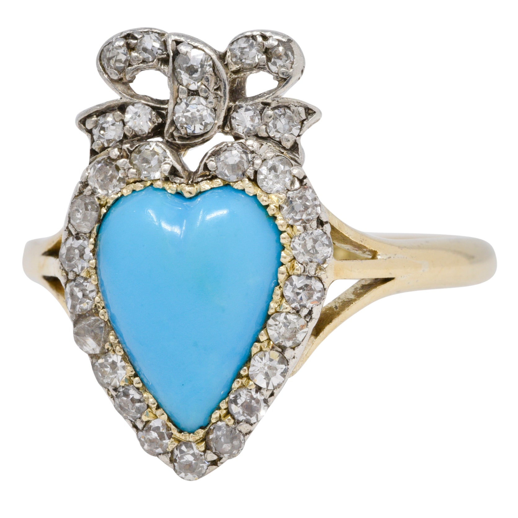 We-11374 Victorian Turquoise Cabochon Diamond 18 Karat Yellow Gold Antique Heart Ring Wilson's Estate Jewelry