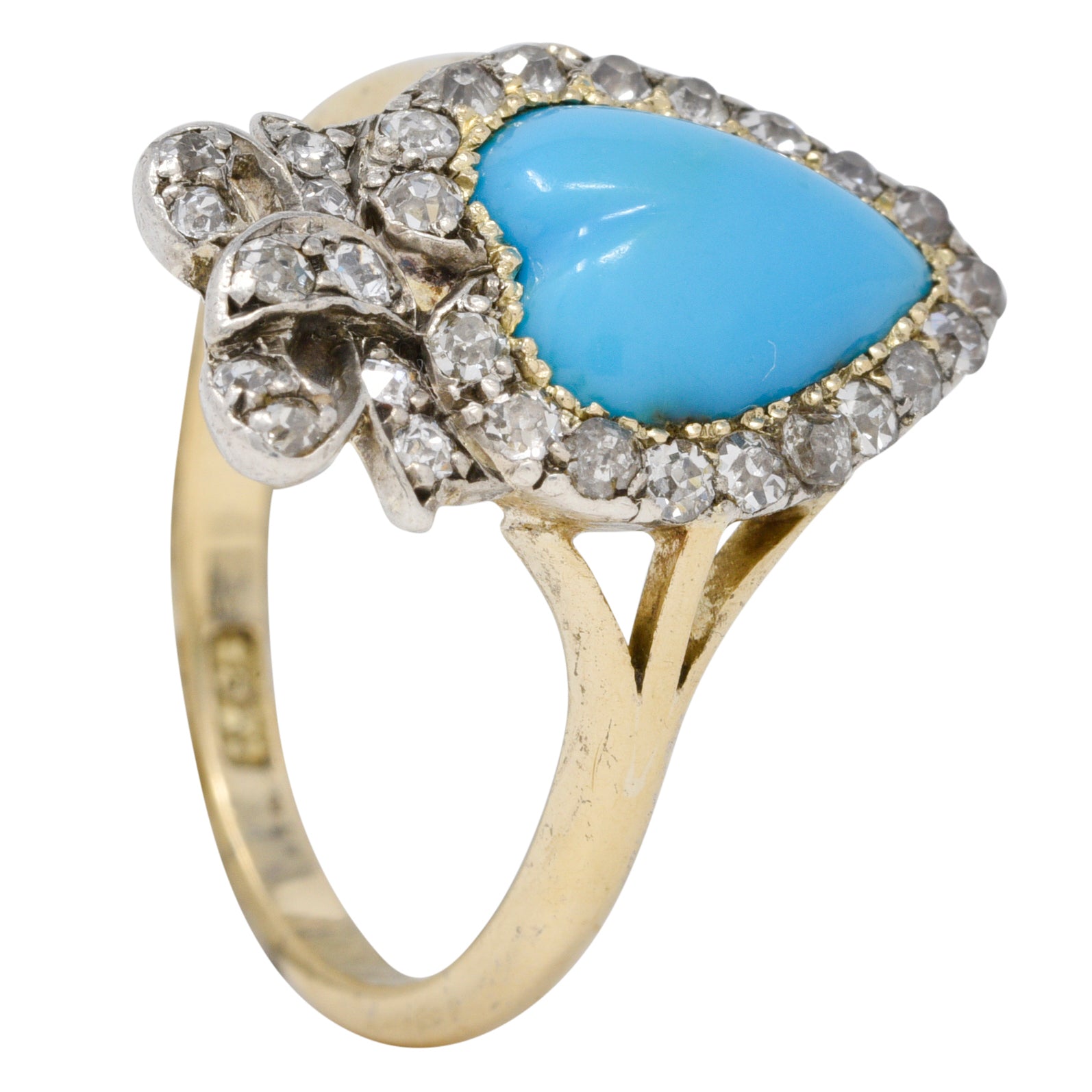 We-11374 Victorian Turquoise Cabochon Diamond 18 Karat Yellow Gold Antique Heart Ring Wilson's Estate Jewelry