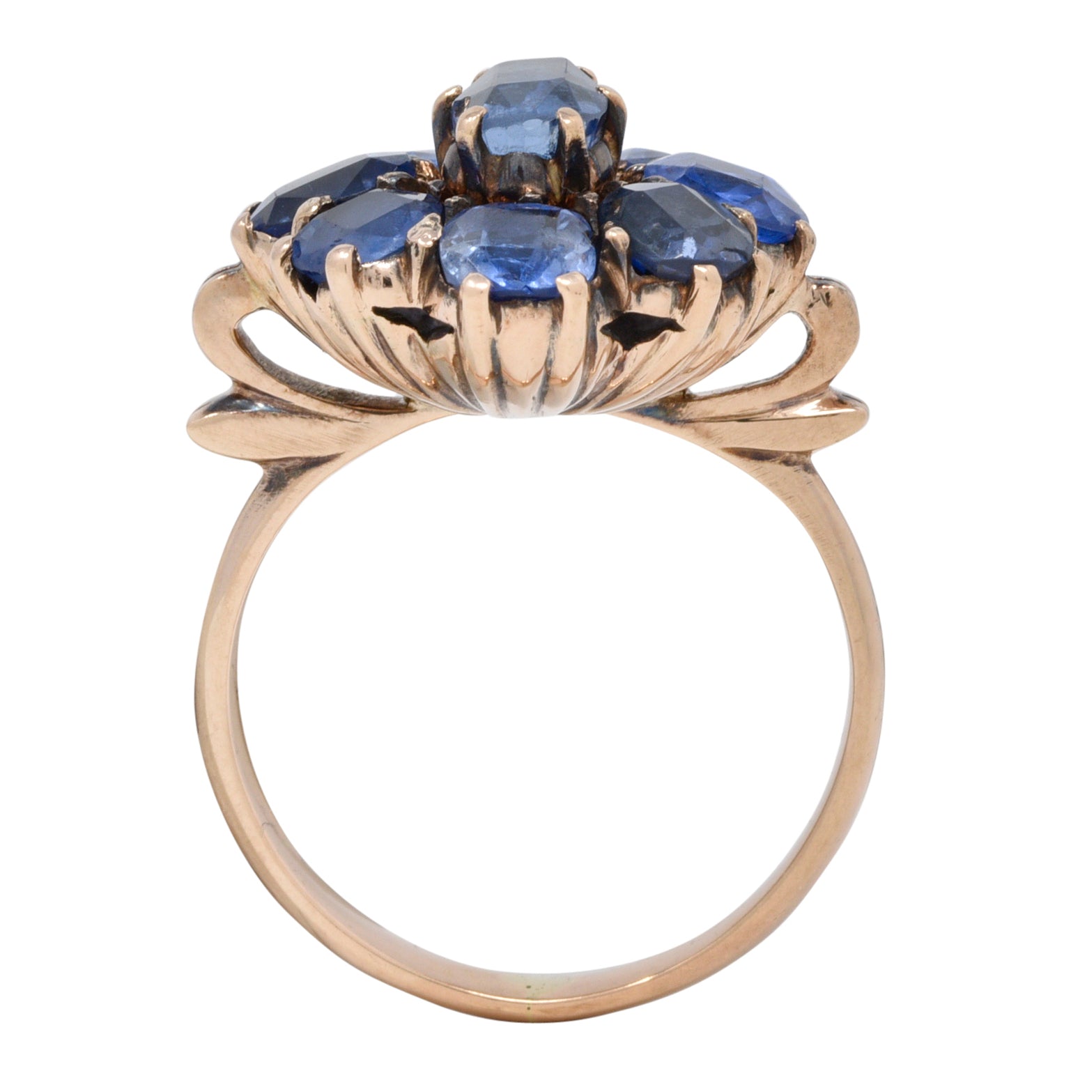 Victorian 3.20 CTW Sapphire 14 Karat Rose Gold Bow Antique Cluster Ring Wilson's Estate Jewelry