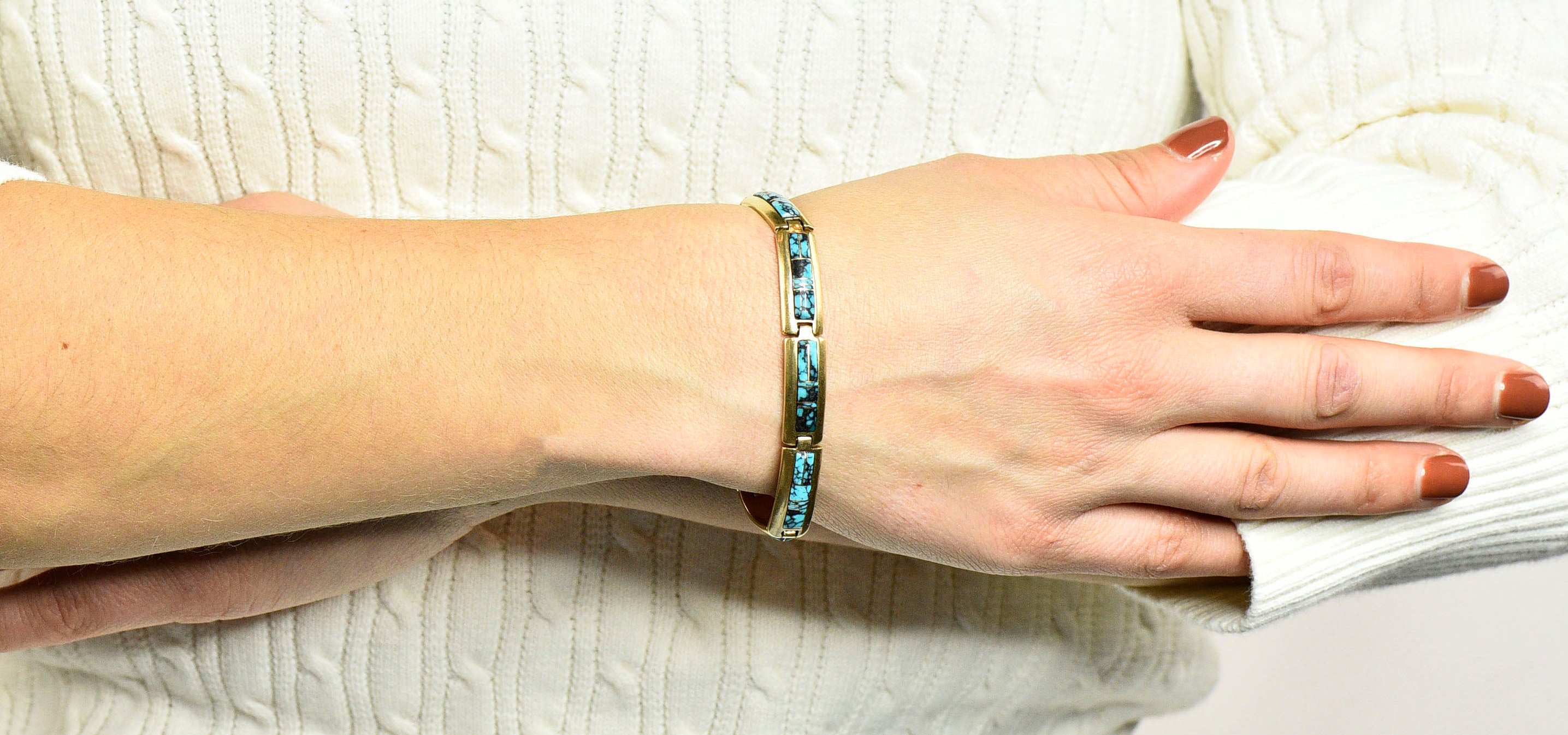 Contemporary B.G. Mudd Turquoise Inlay 14 Karat Gold Link Braceletbracelet - Wilson's Estate Jewelry