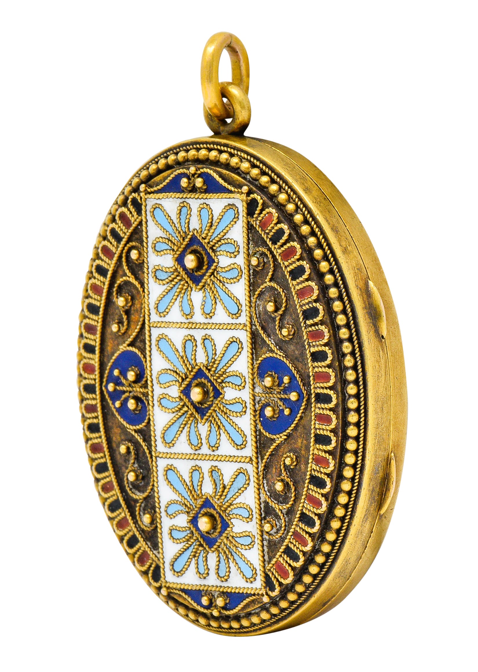 Etruscan Revival Victorian Enamel 14 Karat Gold Beaded Locket Circa 1870Necklace - Wilson's Estate Jewelry