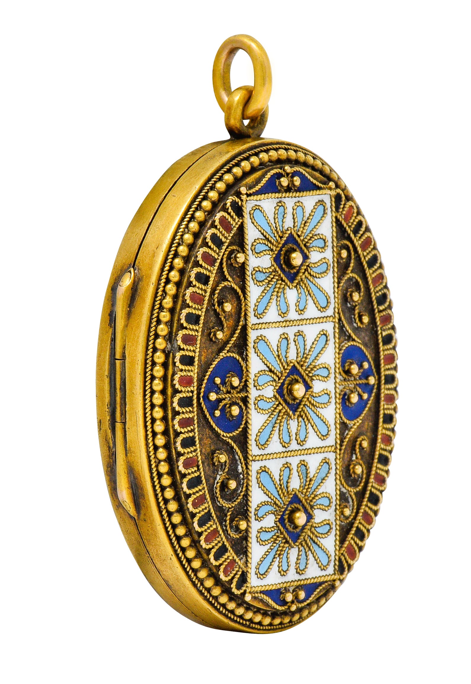 Etruscan Revival Victorian Enamel 14 Karat Gold Beaded Locket Circa 1870Necklace - Wilson's Estate Jewelry