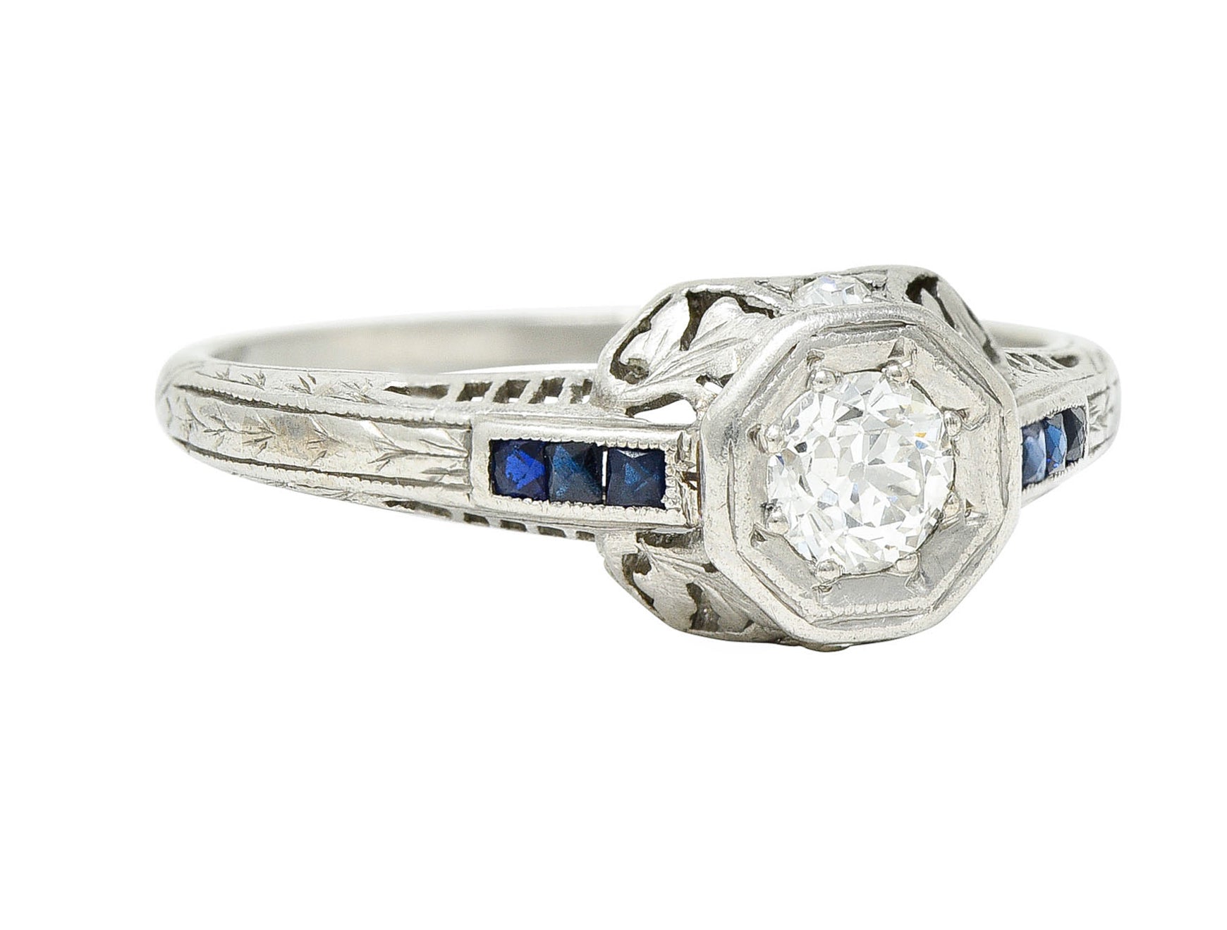 Art Deco 0.43 CTW Diamond Sapphire Platinum Octagonal Engagement RingRing - Wilson's Estate Jewelry