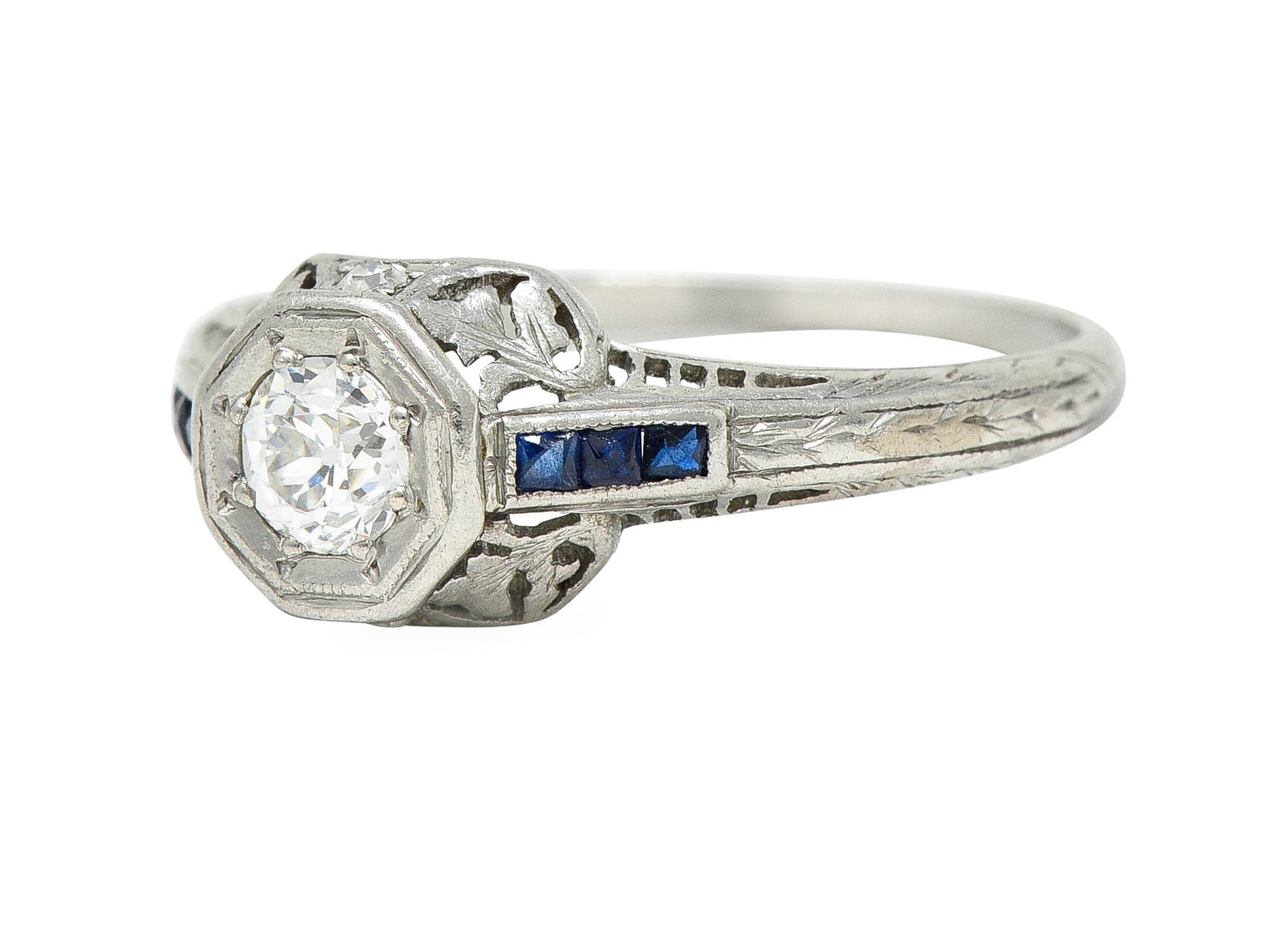 Art Deco 0.43 CTW Diamond Sapphire Platinum Octagonal Engagement RingRing - Wilson's Estate Jewelry