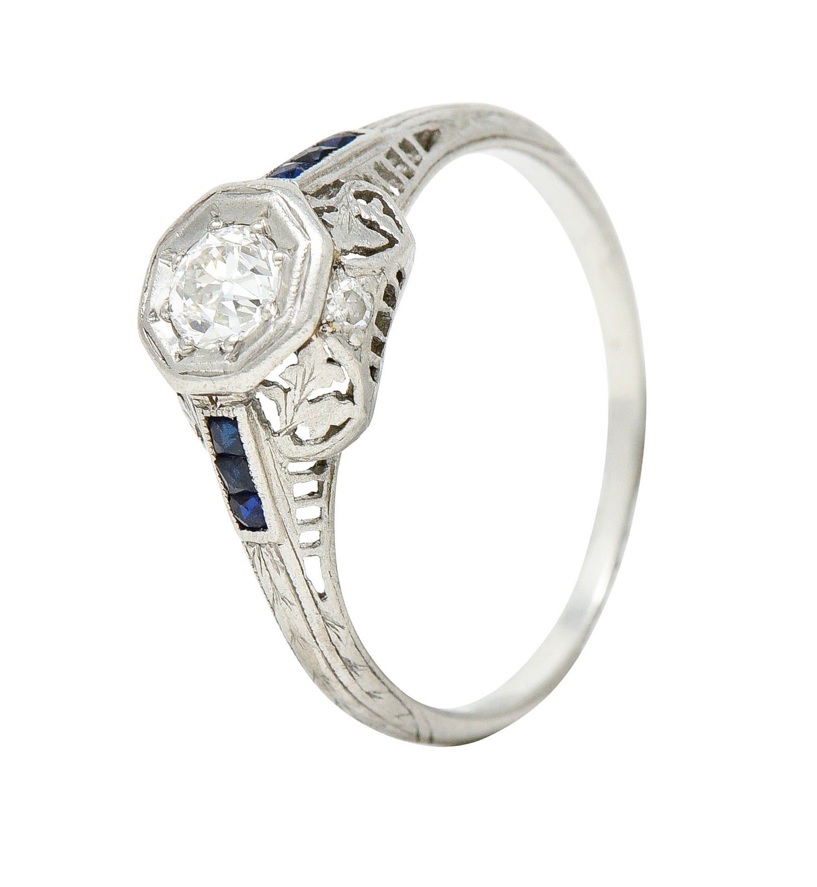 Art Deco 0.43 CTW Diamond Sapphire Platinum Octagonal Engagement RingRing - Wilson's Estate Jewelry