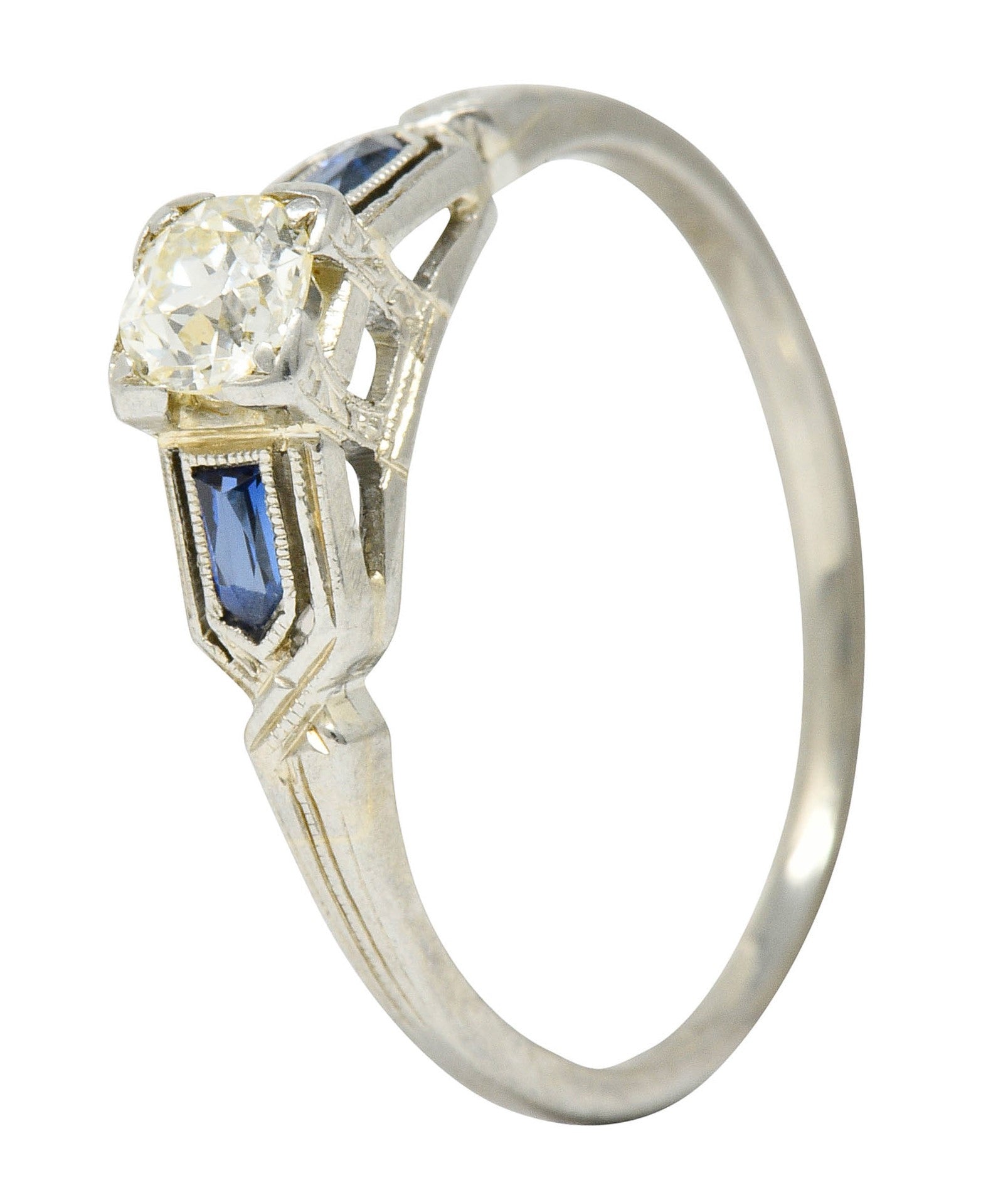 Art Deco Diamond Sapphire 18 Karat White Gold Engagement RingRing - Wilson's Estate Jewelry