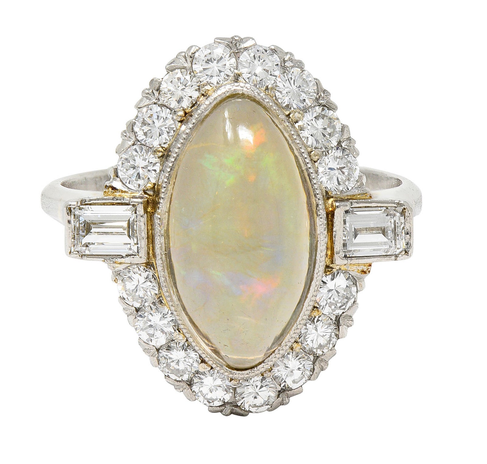 Contemporary Jelly Opal Diamond Platinum Navette Cluster RingRing - Wilson's Estate Jewelry