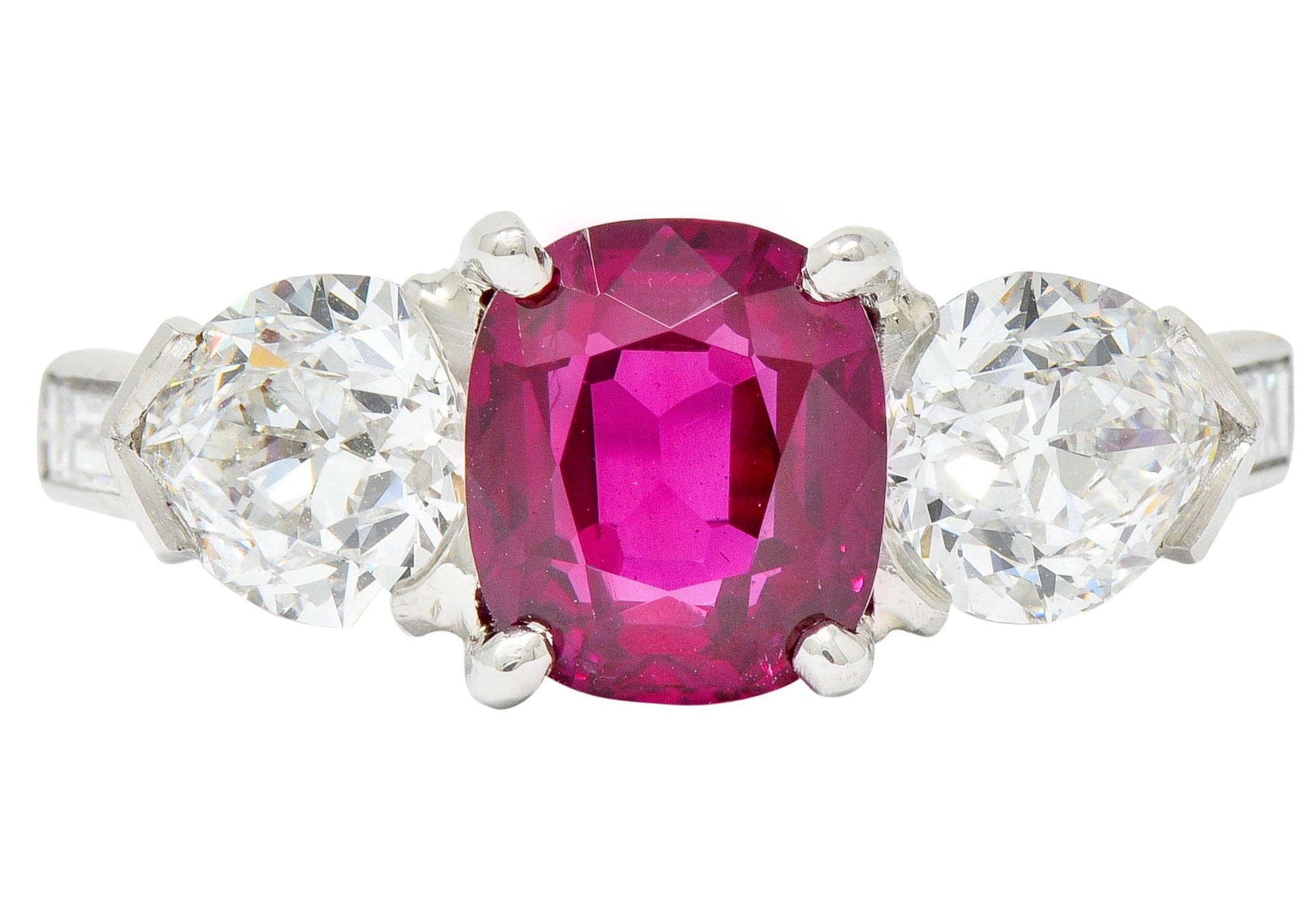 1950’s 4.06 CTW Unheated Burmese Ruby Diamond Platinum Three Stone Burma Ring AGL - Wilson's Estate Jewelry