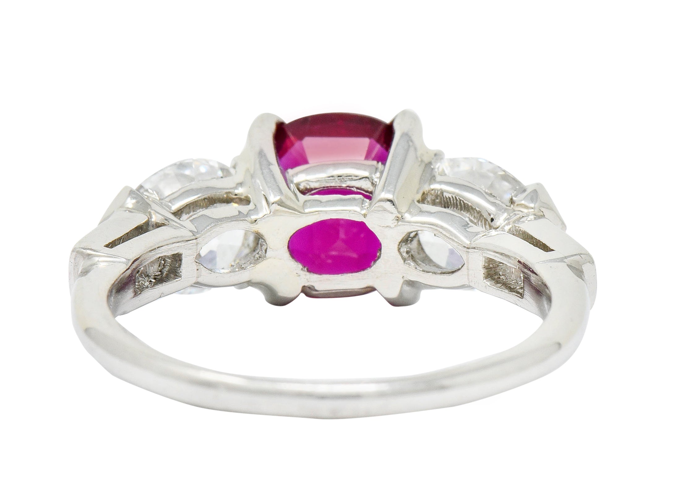 1950’s 4.06 CTW Unheated Burmese Ruby Diamond Platinum Three Stone Burma Ring AGL - Wilson's Estate Jewelry