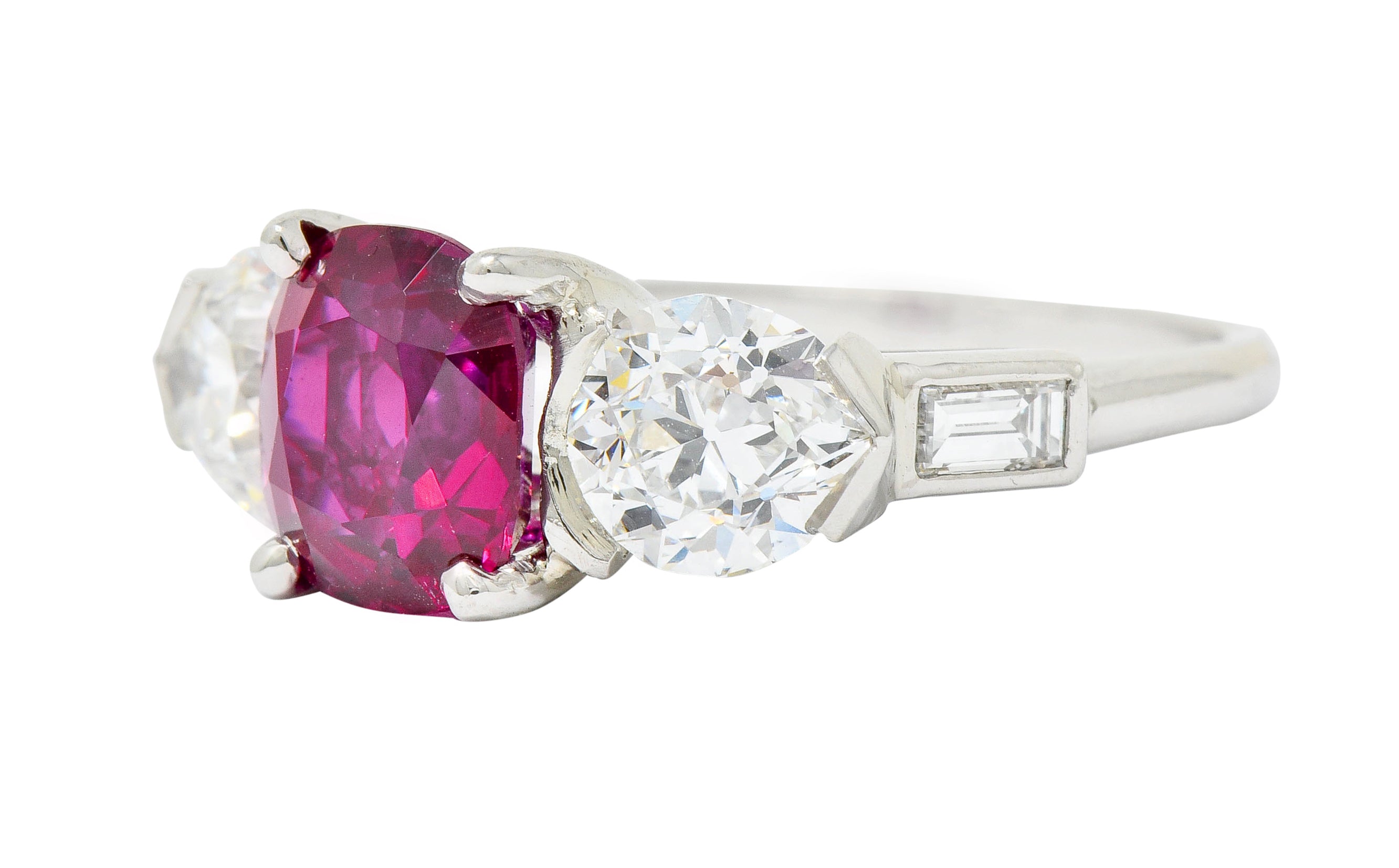 1950’s 4.06 CTW Unheated Burmese Ruby Diamond Platinum Three Stone Burma Ring AGL - Wilson's Estate Jewelry