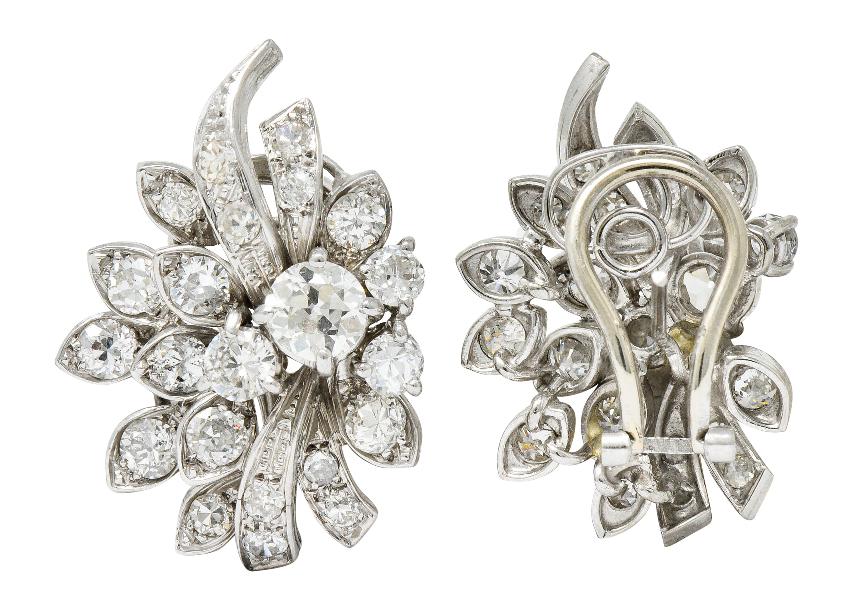 Retro 5.00 CTW Diamond Platinum Cluster Earrings Circa 1940sEarrings - Wilson's Estate Jewelry