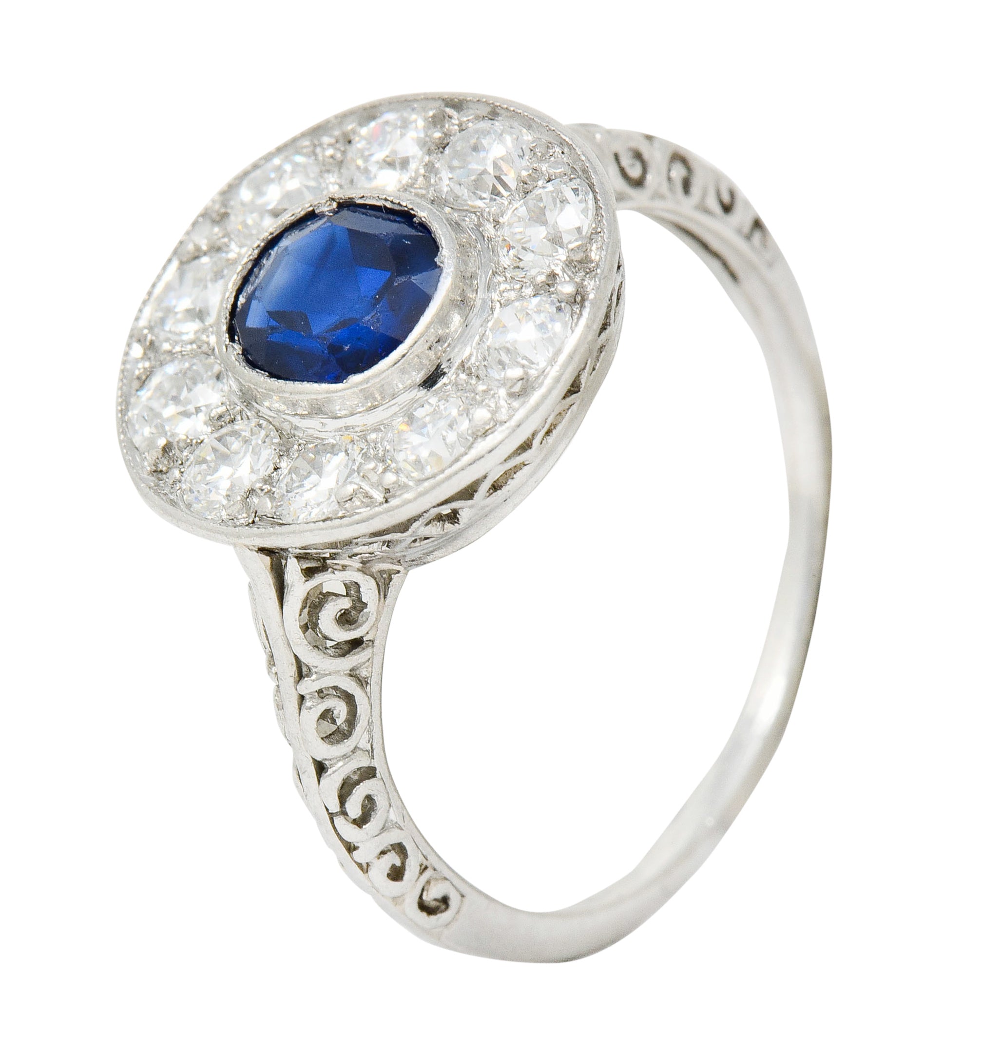 Art Deco 1.70 CTW Sapphire Diamond Platinum Halo Dinner Ring - Wilson's Estate Jewelry