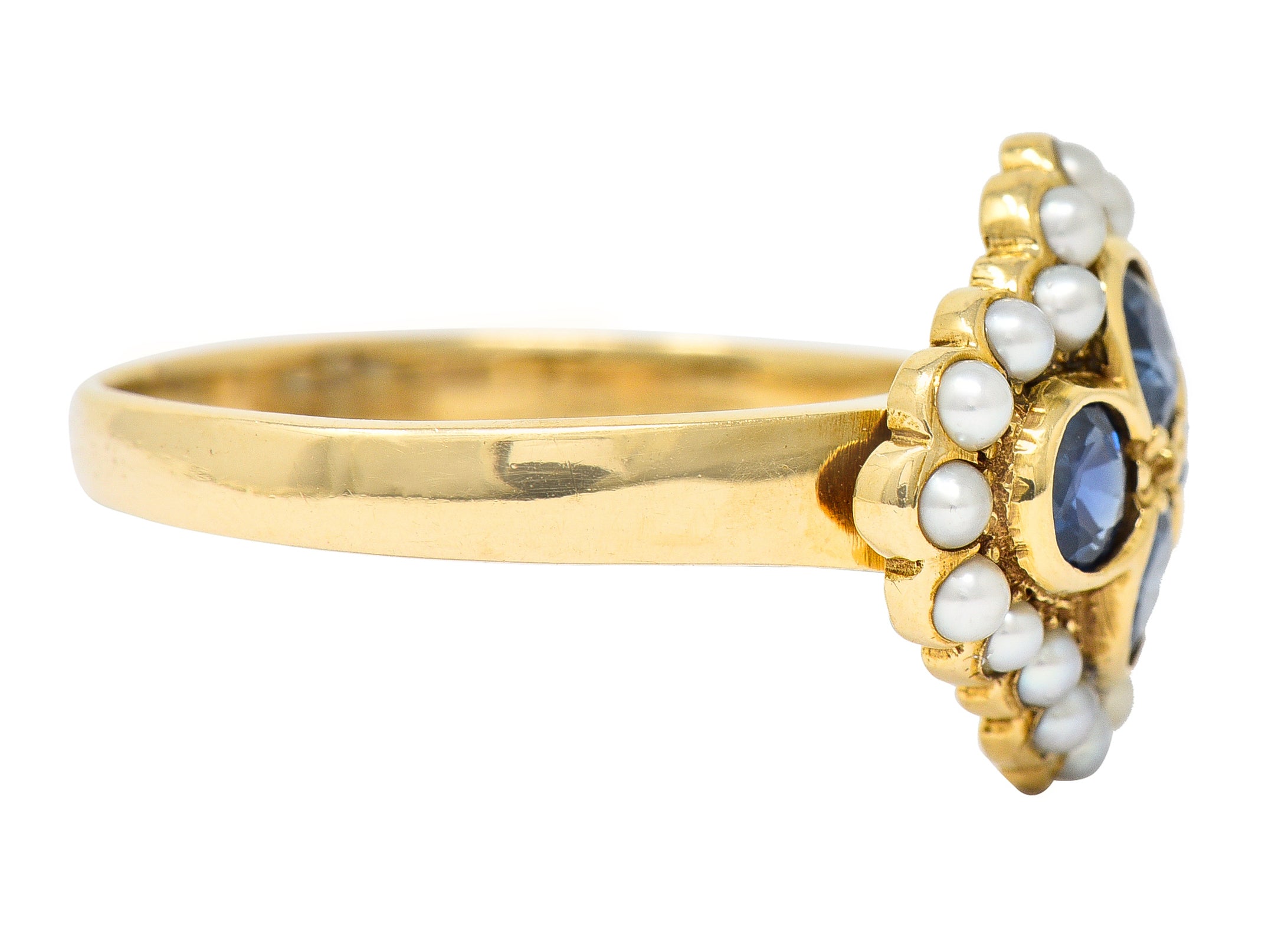 1880's Victorian 1.50 CTW Sapphire Seed Pearl 14 Karat Yellow Gold Antique Cluster Ring Wilson's Estate Jewelry