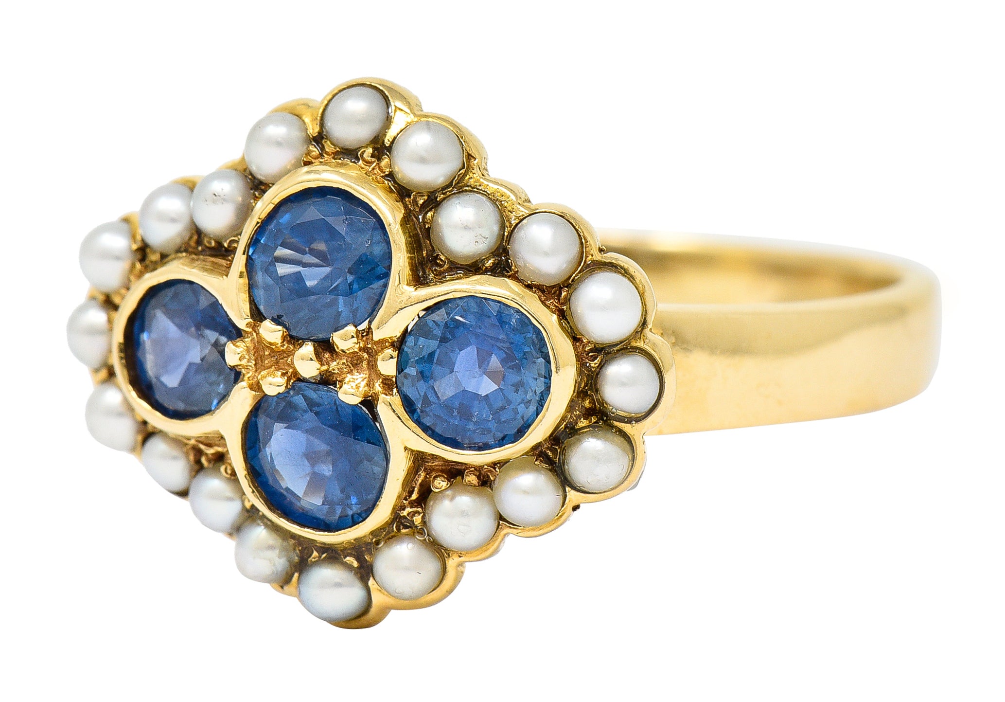 1880's Victorian 1.50 CTW Sapphire Seed Pearl 14 Karat Yellow Gold Antique Cluster Ring Wilson's Estate Jewelry