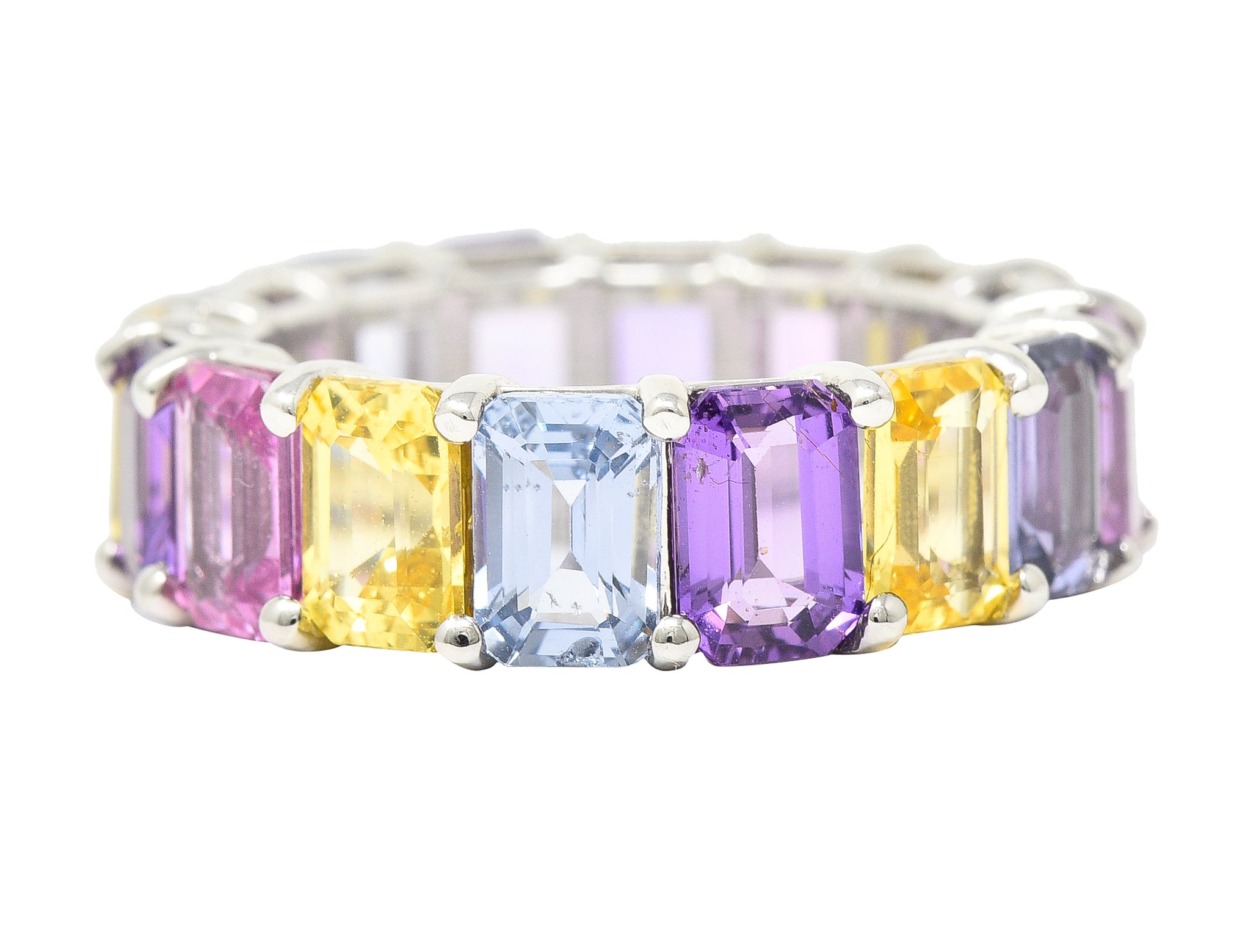 12.16 CTW Multi-Color Pink Purple Blue Emerald Cut Sapphire 18 Karat White Gold Pastel Eternity Band Ring Wilson's Estate Jewelry