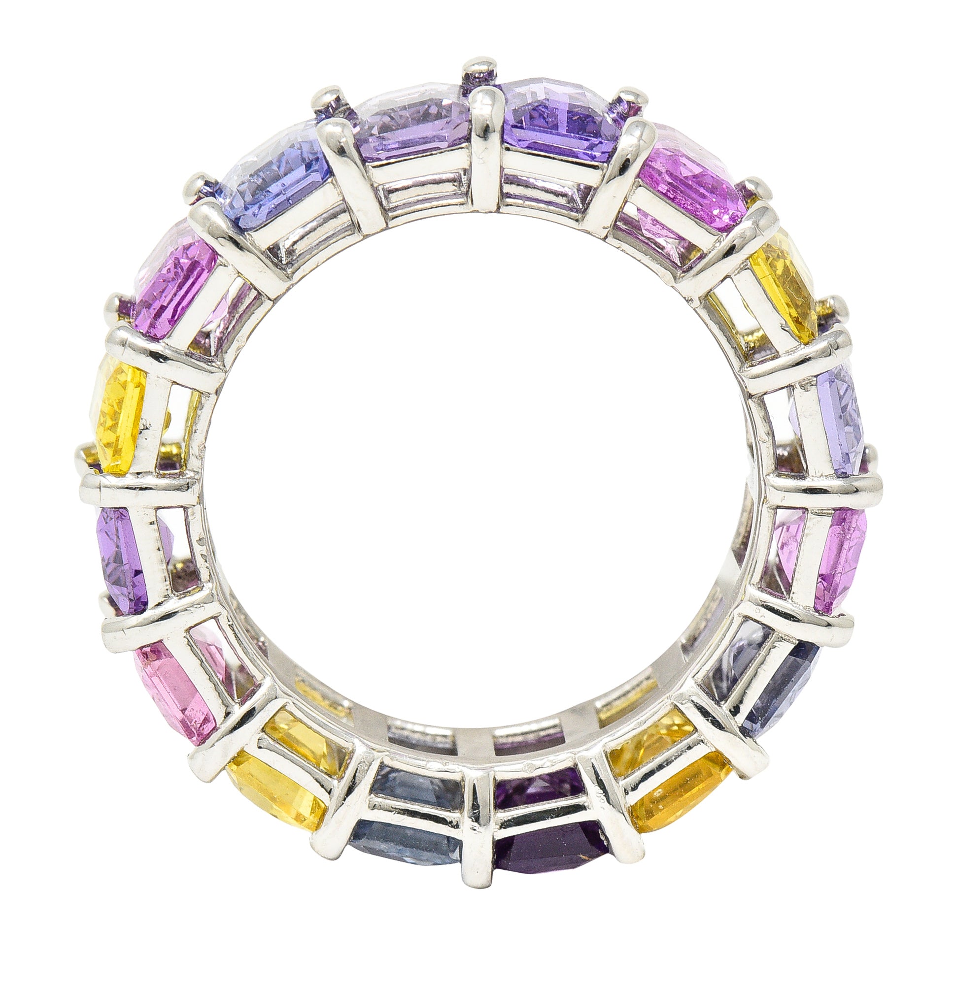 12.16 CTW Multi-Color Pink Purple Blue Emerald Cut Sapphire 18 Karat White Gold Pastel Eternity Band Ring Wilson's Estate Jewelry